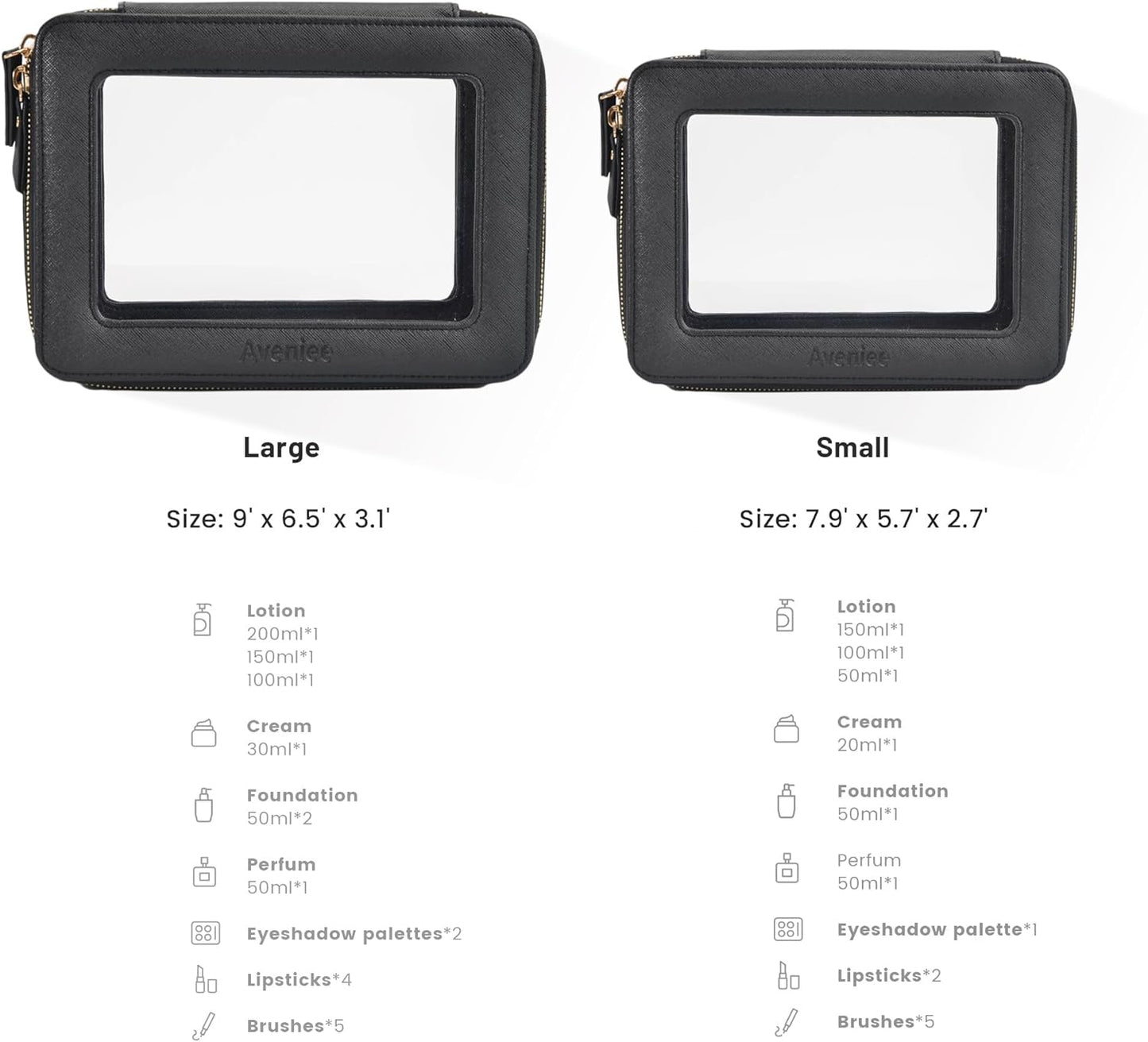 Aveniee Clear Makeup Bag Set,Portable Travel Toiletry Bag Cosmetic Case for Women,Vegan Leather Make Up Pouch Organizer Car Bag for Essentials 2pcs,Middle & Large,Black