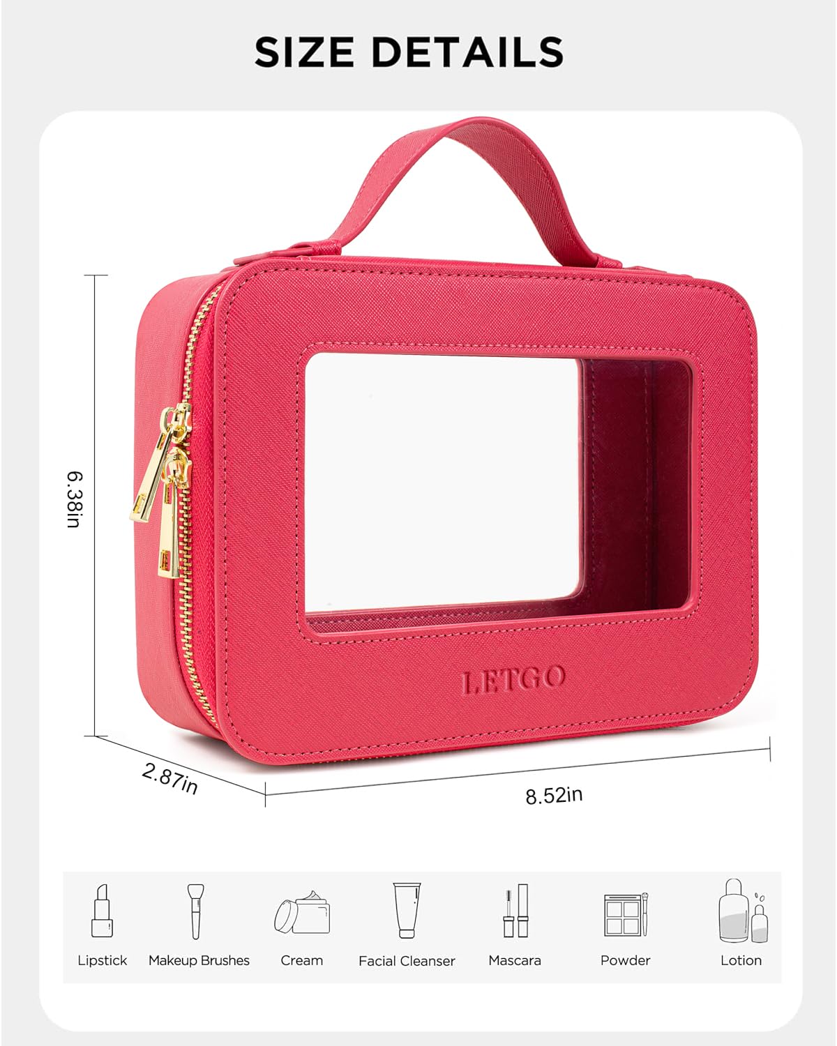 LETGO Clear Makeup Bags, TSA Approved Toiletry Bag with Zipper, Clear Makeup Organizer Fit Carry-on Travel Essentials,Clear Cosmetic Bags for Women Men (A-Rose)