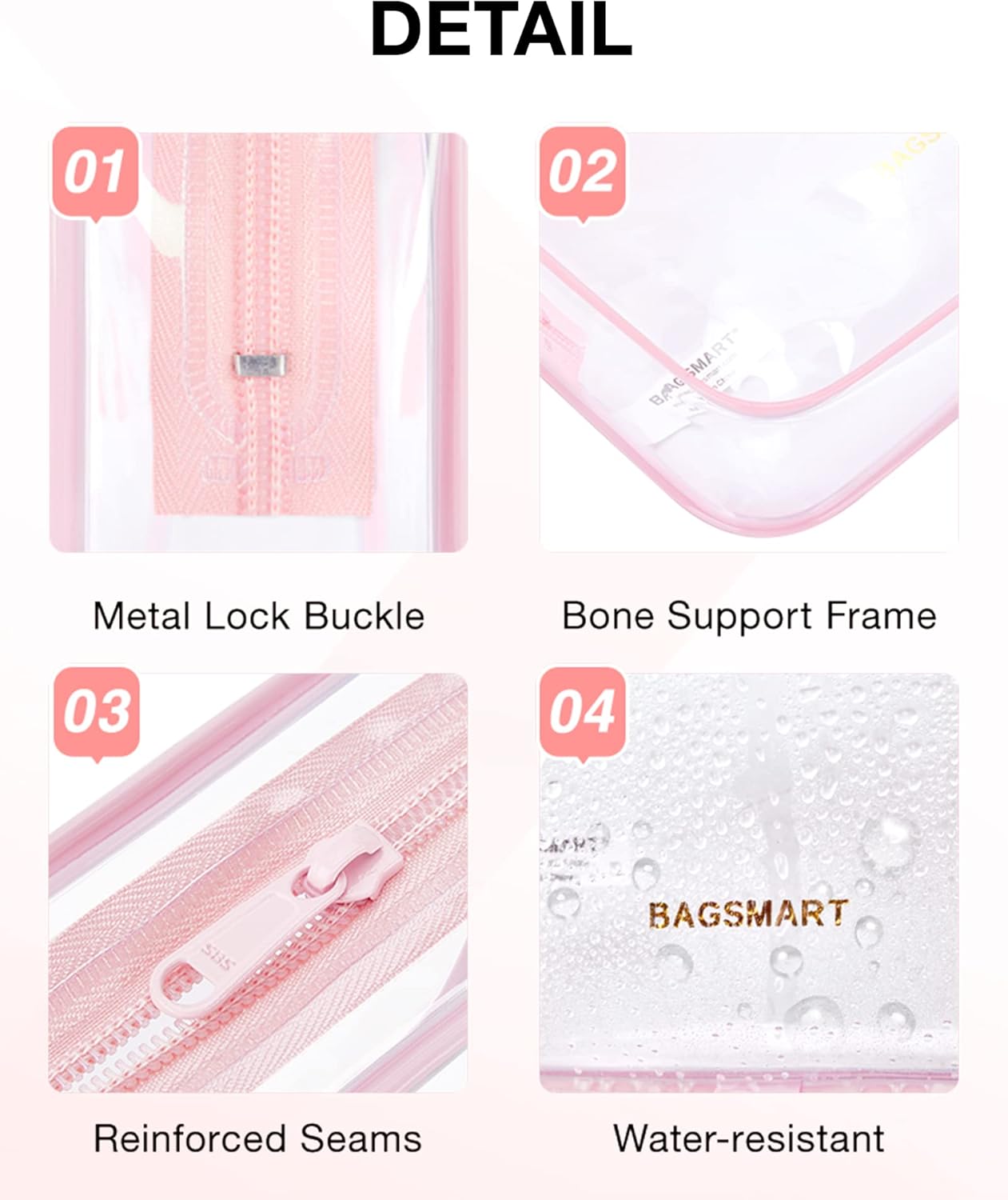 BAGSMART Clear Toiletry Bag, 3 Pack TSA Approved Travel Toiletry bag Carry on Travel Accessories Bag Airport Airline Quart Size Bags Water Repellent Makeup Cosmetic Bag for Women (Pink-3pcs)