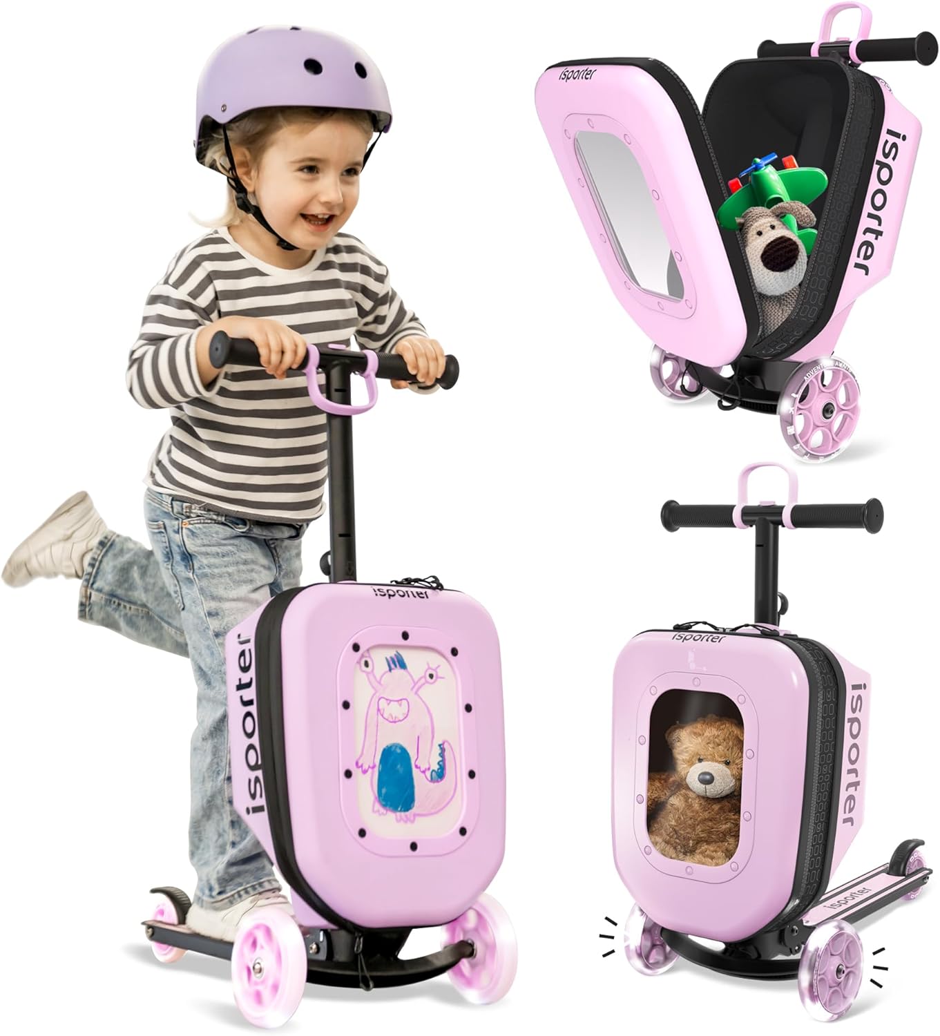 iSporter Luggage Scooter for Kids Ages 2-5 | Ride-On Suitcase Scooters for Boys Girls | Foldable & Height Adjustable, 110lbs Max