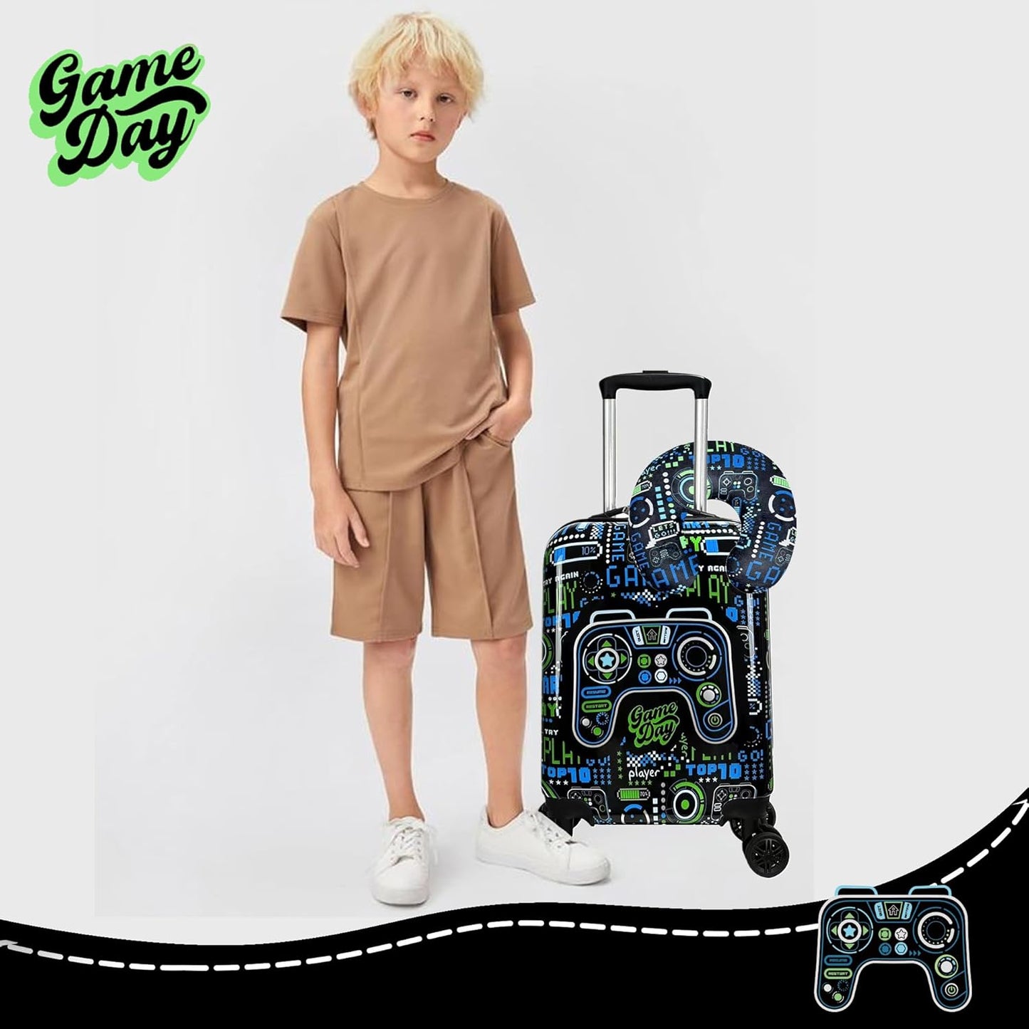 Kids Suitcase Set for Boys Hardside Luggage with Spinner Wheels 2 Piece 16inch Toddler Suitcase for Boys Travel Carry on Luggage Airline Approved