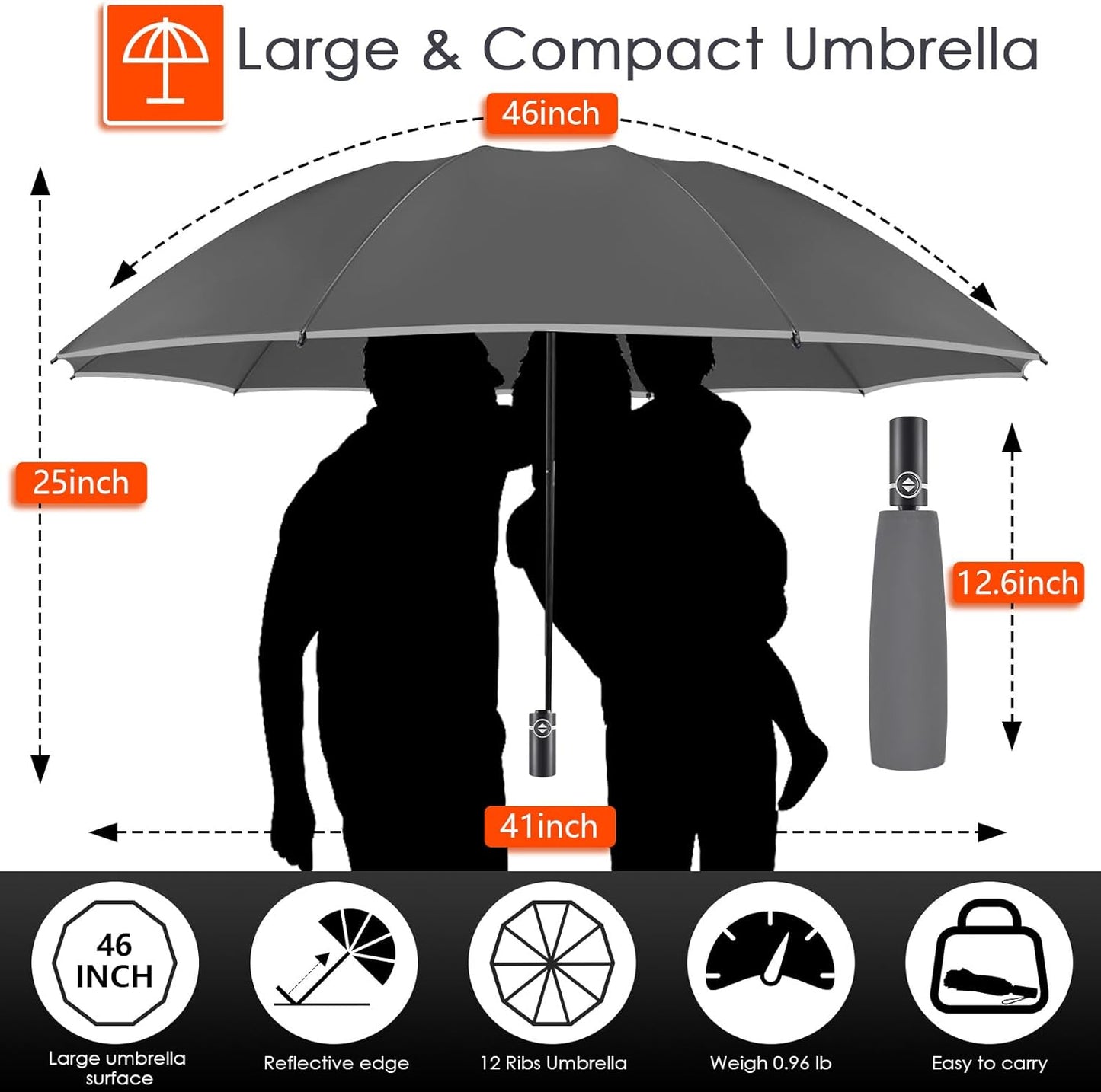Bodyguard Inverted Umbrella - Large Windproof for Rain & Sun, Compact Reverse With Reflective Stripe, Teflon-Coated for Women Men, Travel Folding With Cover Bag