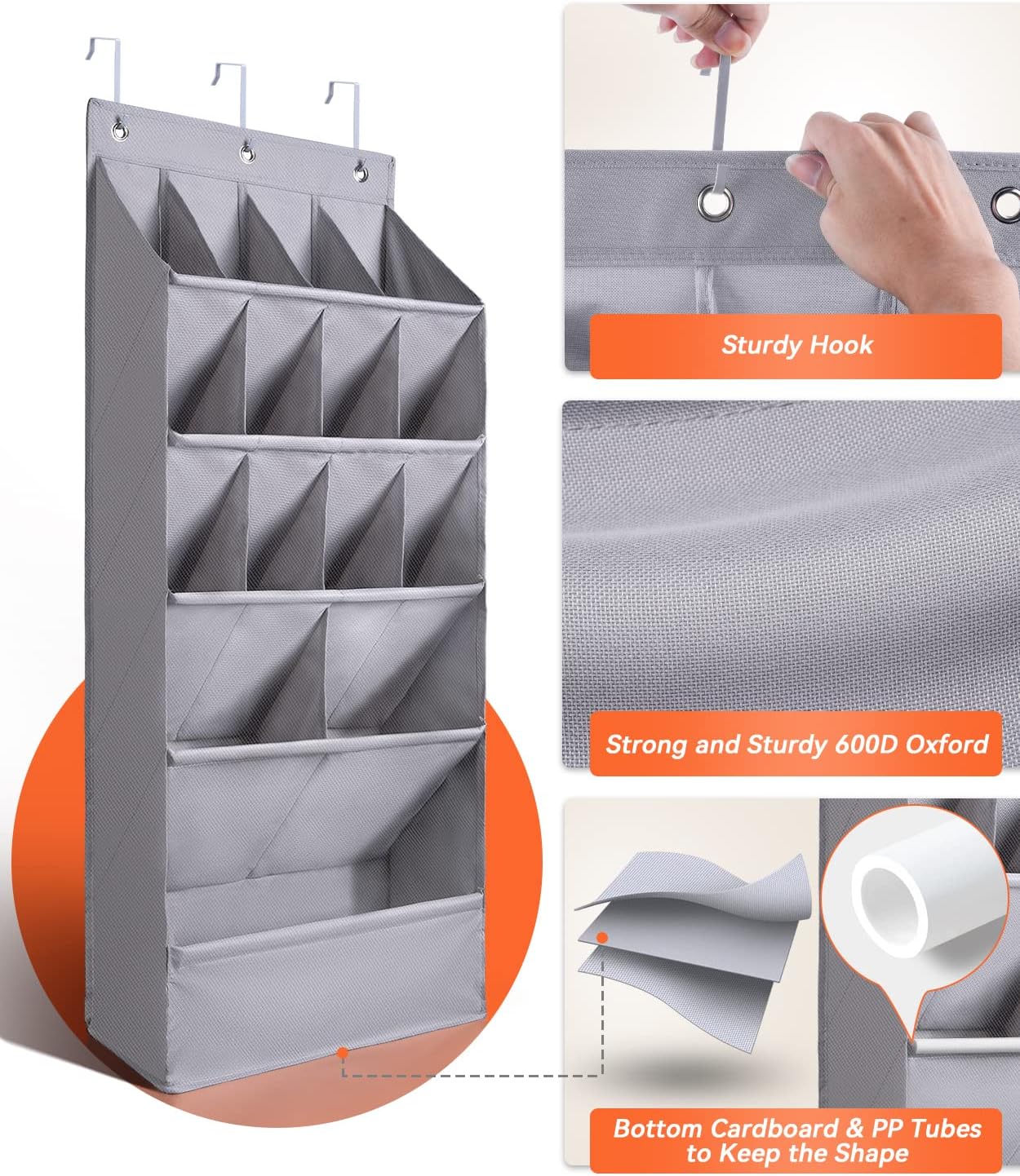 FENTEC 1 Pack Over-the-Door-Shoe-Organizers, Hanging Shoe Organizers with Large Pocket Shoe Holder Hanging Shoe Rack for Closet Shoe Organizer for Wall, Over Door Organizer with 15 Pockets Gray