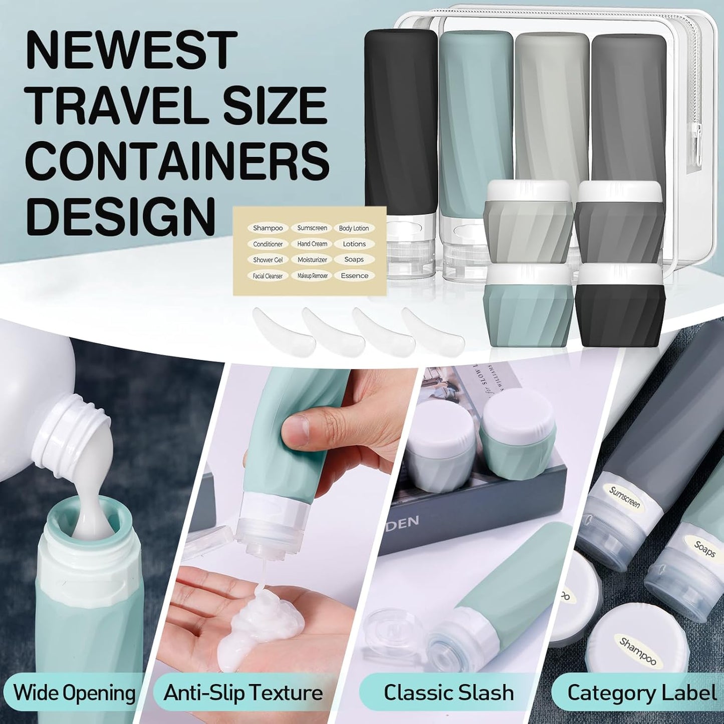 14pack Travel Bottles for Toiletries, TSA Approved Travel Size Toiletries Containers Set, Premium Silicone Leak Proof Refillable Squeezable & Creams jars Accessories Kit W/Clear Bag (Gray)