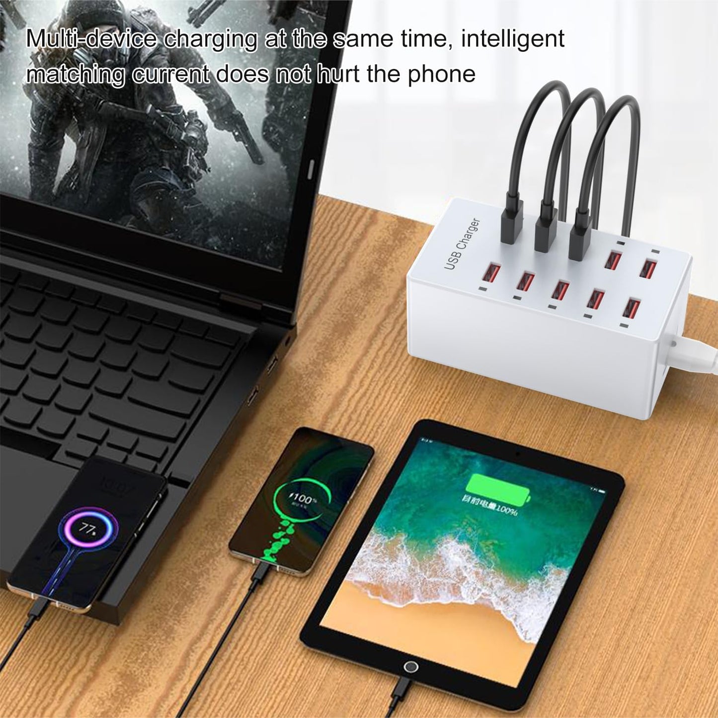 USB Charger 10-Ports Charging Station for Multiple Devices USB Wall Charger Power Hub Strip Smart Plug Charging Dock Block Compatible for iPhone Xs/XR,iPad,iPod,Smart Phones