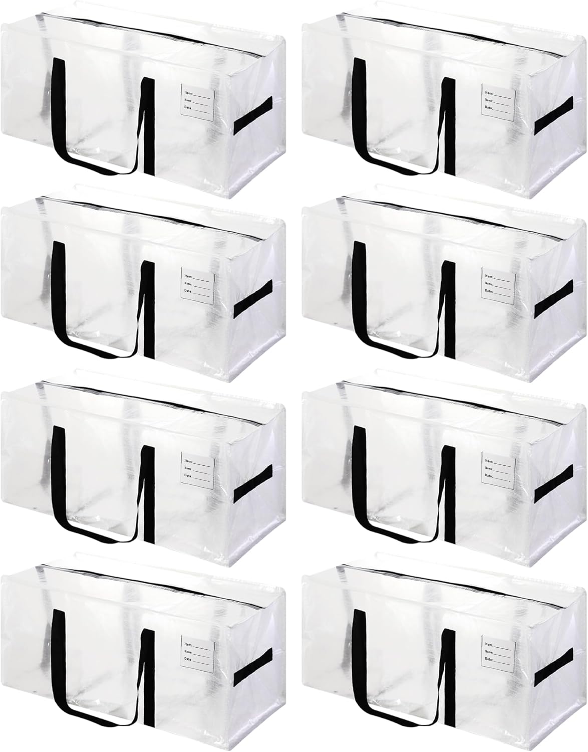 8 Pack Heavy Duty Extra Large Moving Bags with Black Handles, Waterproof Foldable Storage Totes,Clothing Storage Bags,Packing Moving Boxes for College Supplies & Seasonal Storage,Clear