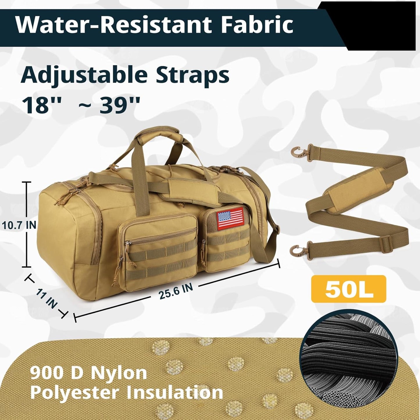 Tactical Gym Bag for Men，50L Large 3 in 1 Sports Duffle Bag with Shoes Compartment for Travel,Water Resistant Travel Backpack Weekender Overnight Bag with Wet Pocket for Women