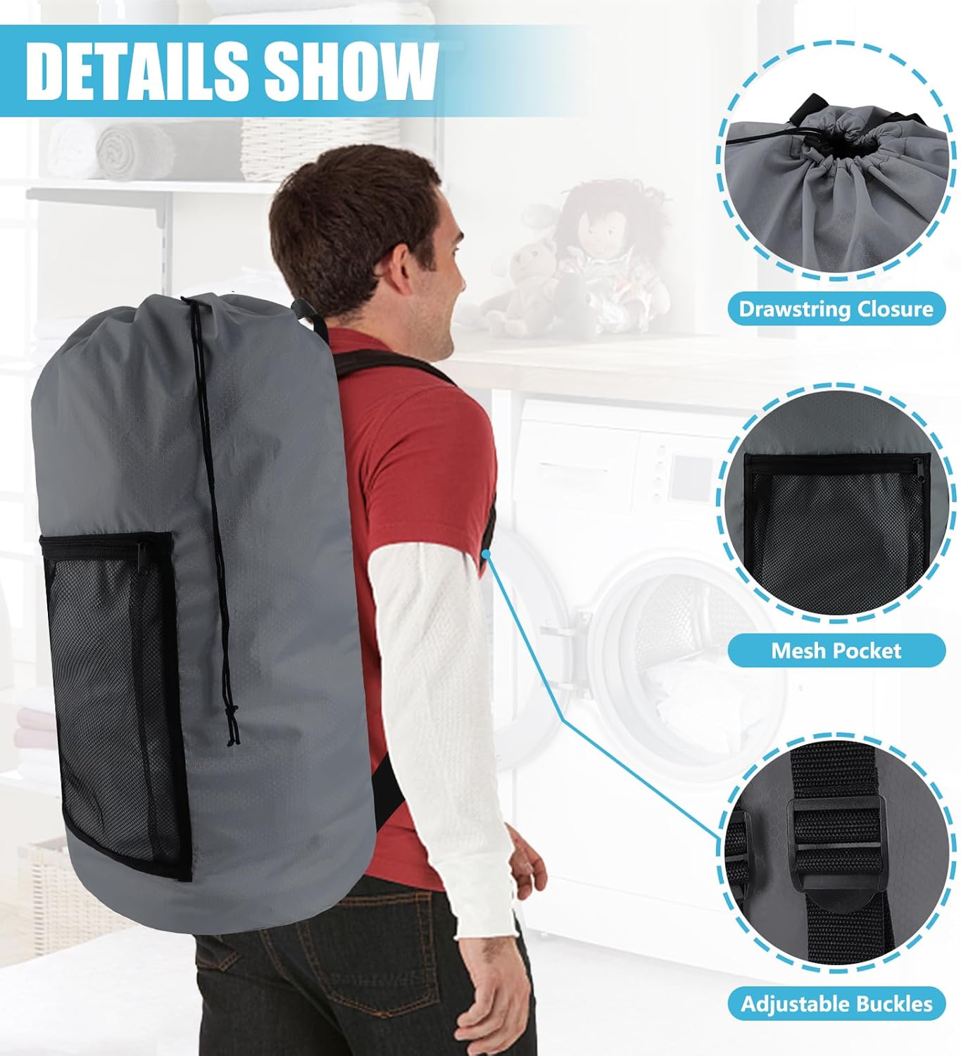 Laundry Bag Backpack, 2PCS Extra Large Travel Laundry Bag with Mesh Pocket & Adjustable Shoulder Straps,Dirty Clothes Travel Bag for College Students Dorm,Apartment(Grey)