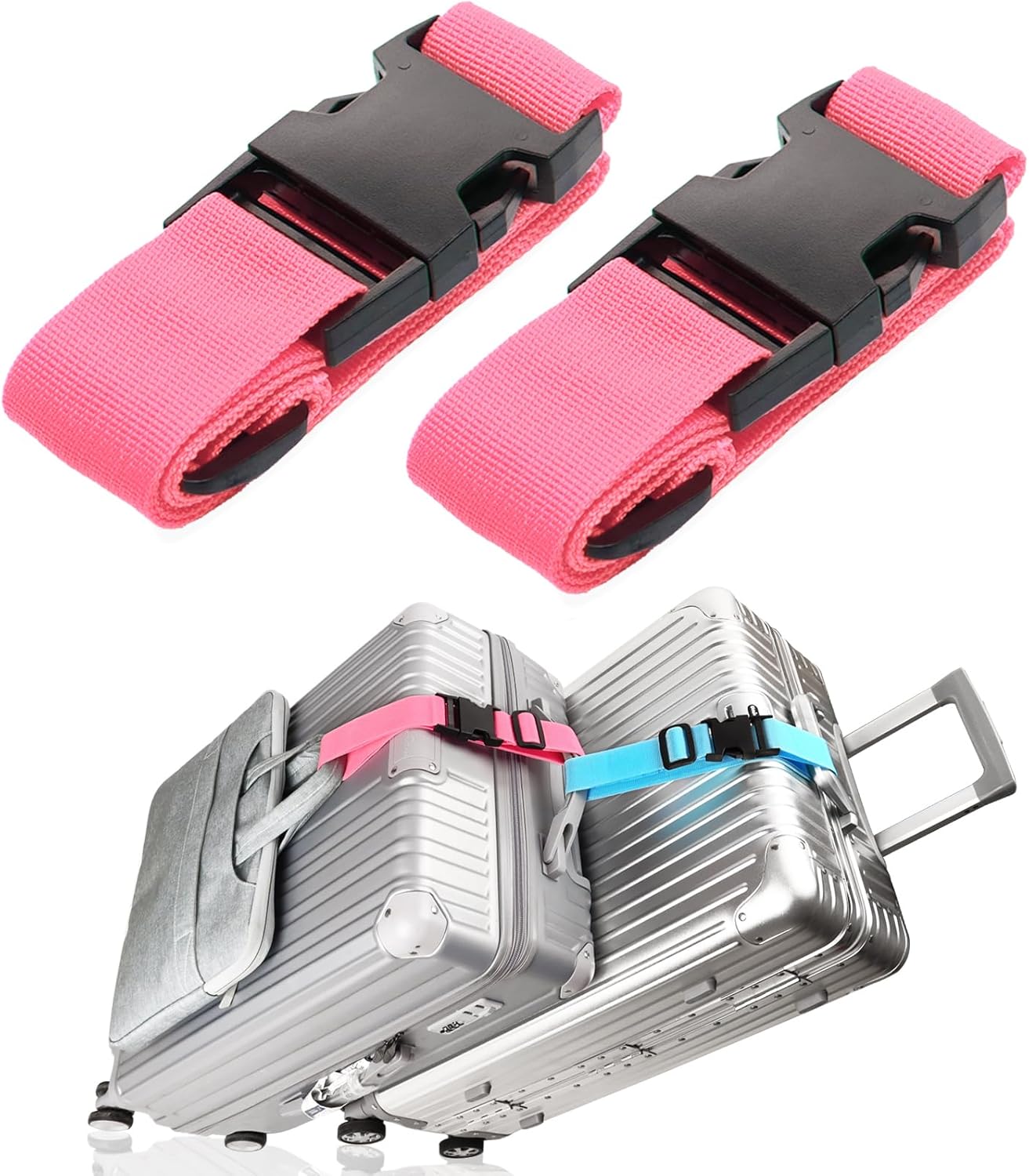 2Pack Luggage Straps for Suitcases, Travel Connector for Carry On Bag, Add Bag to Connect Two Suitcases, Adjustable Belt Attachment Accessories for Connect Your 3 Luggages, Pink