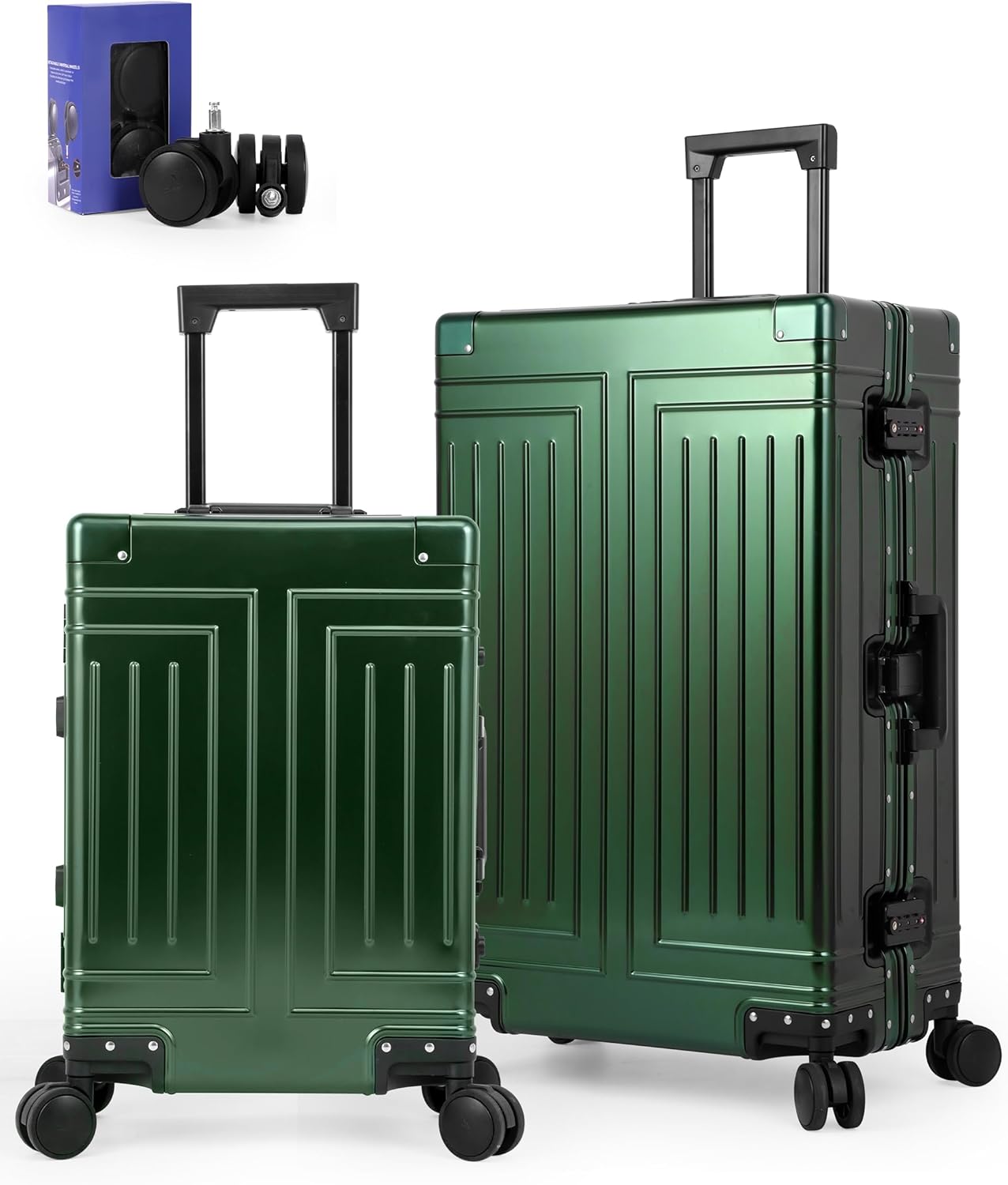 All Aluminum 20/28 Luggage Set，Cut from Whole Aluminum Sheet，22x14x9 Airline Approved ，（3rd Generation，Premium Metal zipperless suitcase ） (green, 20+28inch)