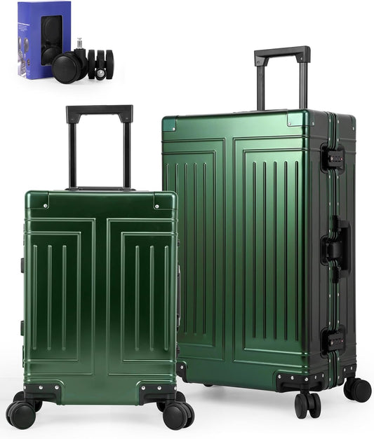 All Aluminum 20/28 Luggage Set，Cut from Whole Aluminum Sheet，22x14x9 Airline Approved ，（3rd Generation，Premium Metal zipperless suitcase ） (green, 20+28inch)