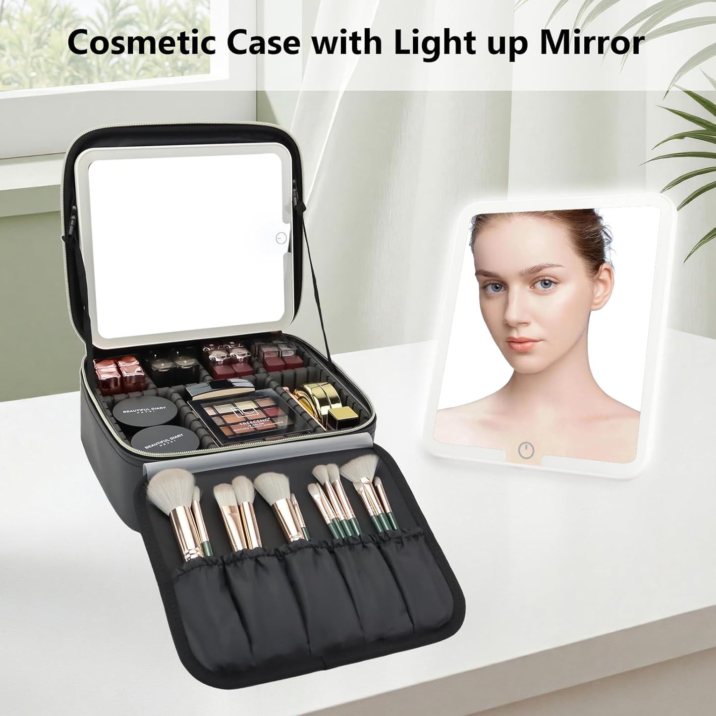 Travel Makeup Bag with LED Mirror Travel Makeup Organizer with 3 Lighted Settings, Adjustable Dividers and Makeup Brush Storage Bag Black