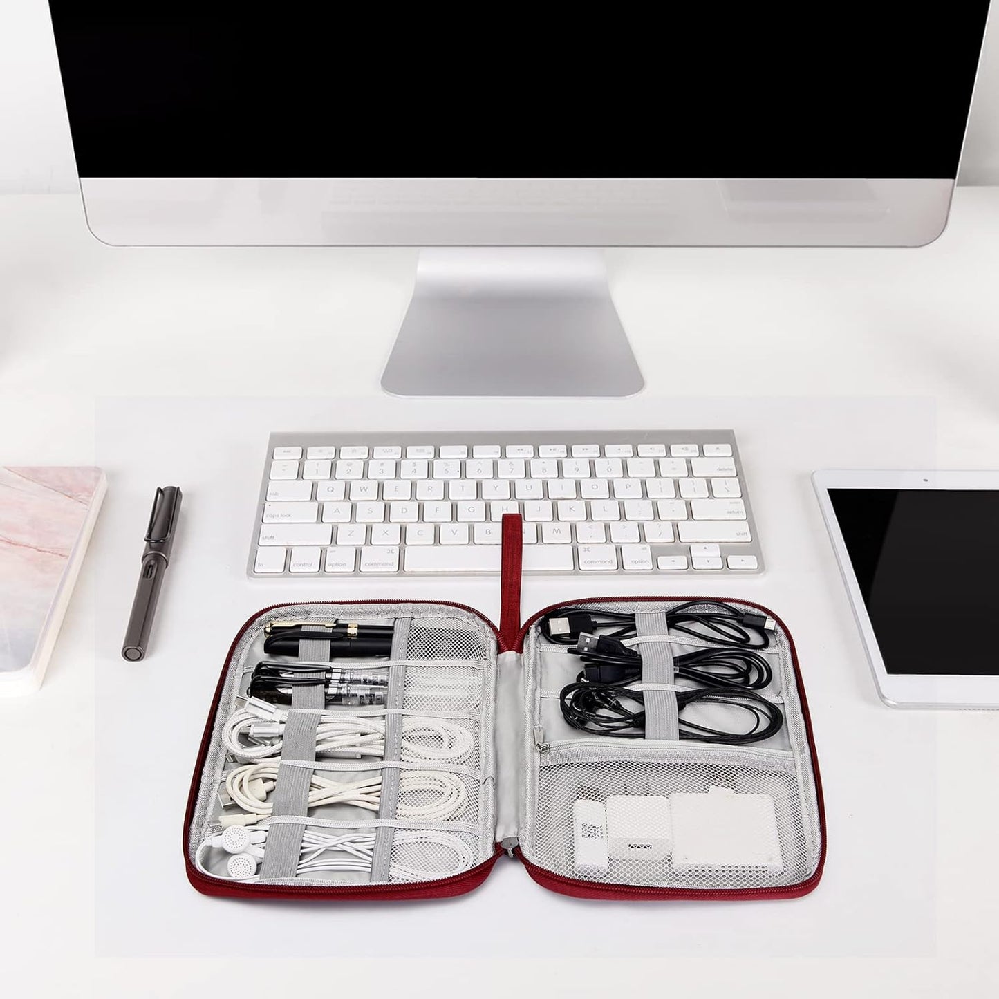 SELLYFELLY Travel Electronics Organizer Portable Cable Organizer Bag for Storage Electronic Accessories Case for Cord,Phone,Charger,Flash Drive (Wine Red)