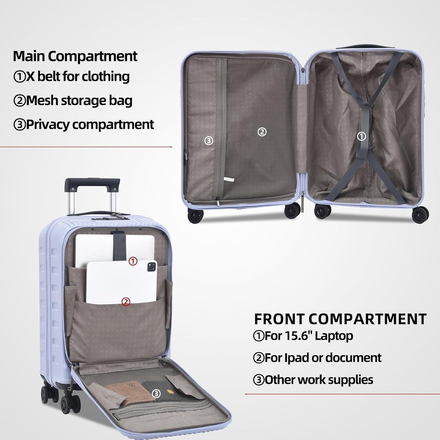 19 Inch Suitcase Hand Luggage with Front Pocket for 15.6" Laptop, 35 * 23 * 55cm, 43L, Ligthweight ABS+PC Hardshell Carry On, Lilac Purple