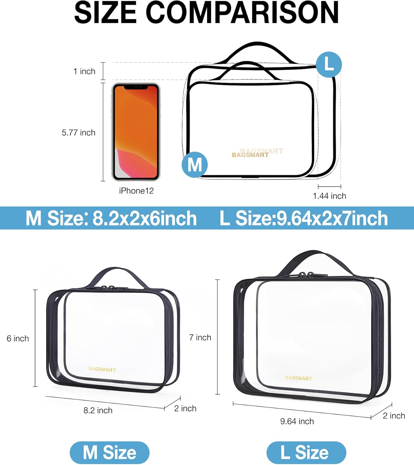 BAGSMART Clear Toiletry Bag, TSA Approved Travel Toiletry Bag Carry On Travel Accessories Bag Airport Airline Quart Size Bags water-resistant Makeup Bag for Women