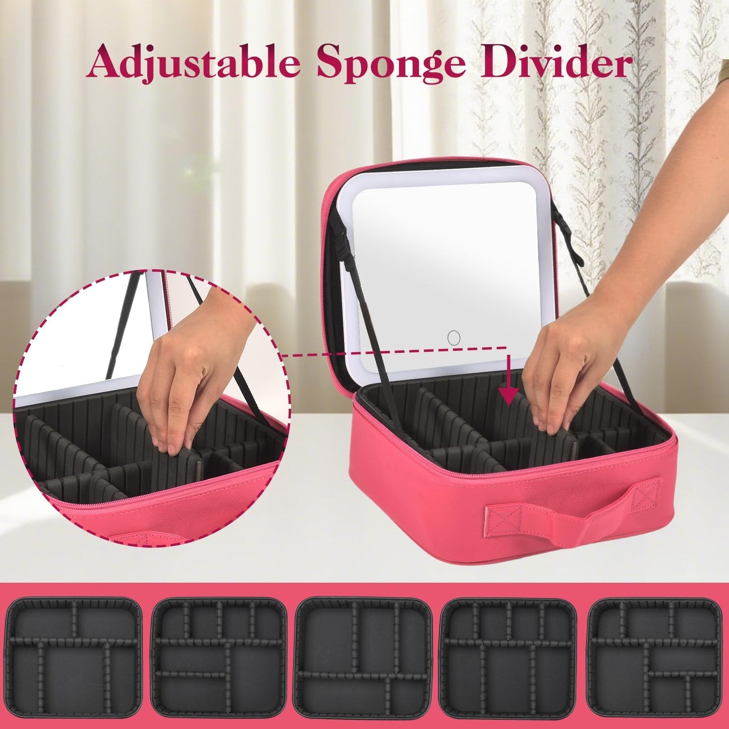 Travel Makeup Bag With LED Mirror,Cosmetic Train Case with 3 Color Setting,Cosmetic Makeup Organizer Bag with Adjustable Dividers,Portable Make up Box with Make up Brushes Holder Storage(Rose)