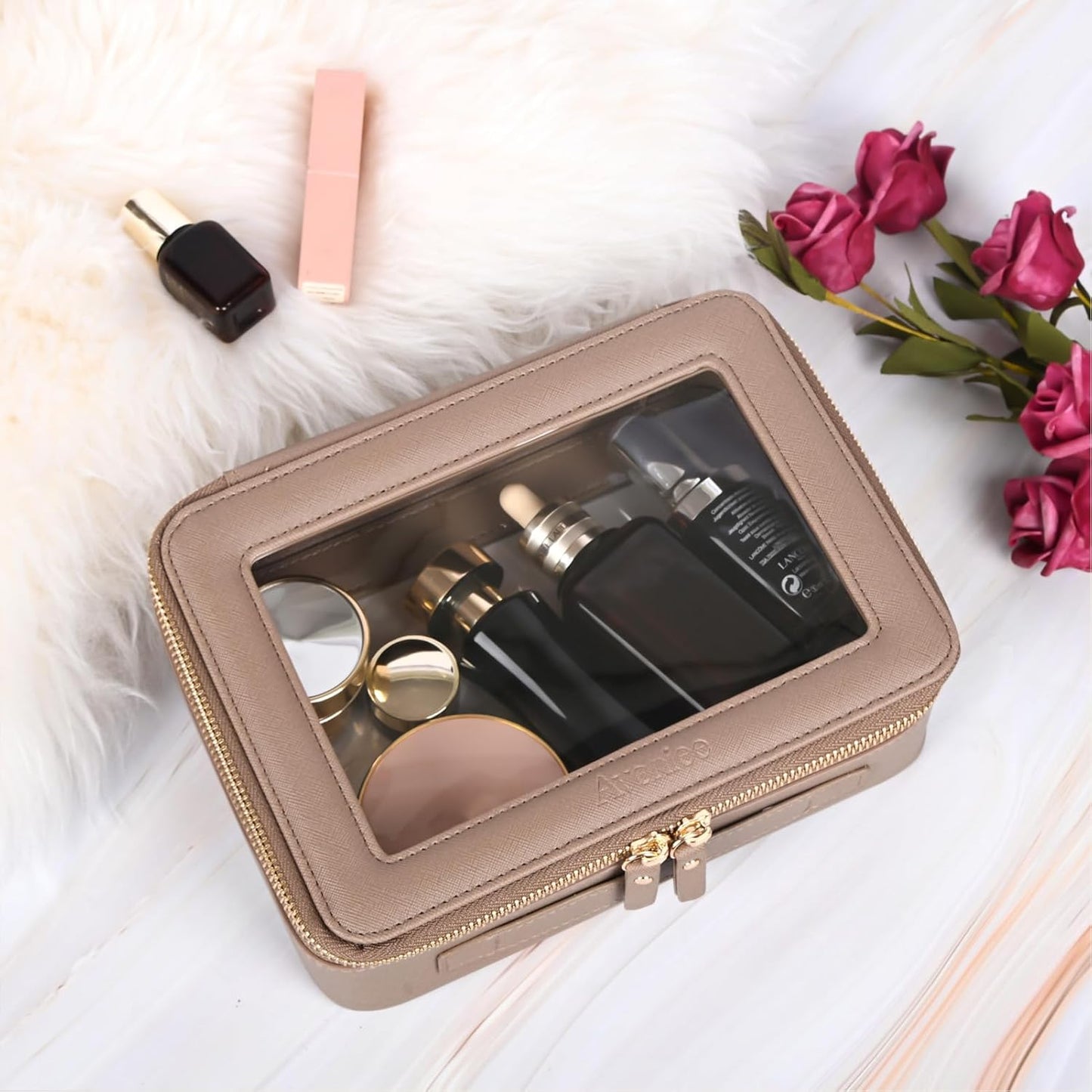 Aveniee Clear Makeup Bag Organizer,Large Travel Toiletry Bag for Women, Waterproof Cosmetic Pouch with Zippers,Car Organizers and Storage,Taupe