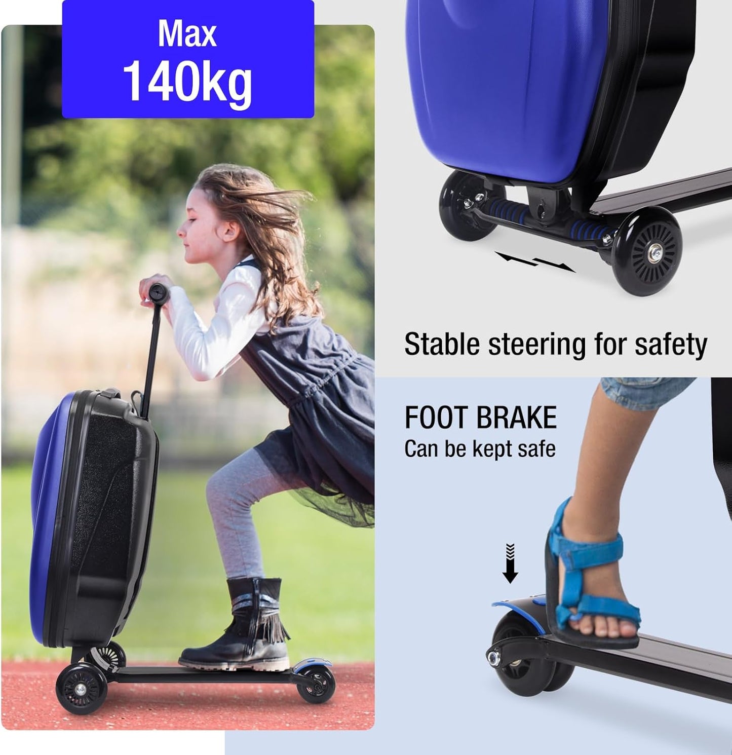 20" Kids Scooter Suitcase Ride-On Carry-On - 2-in-1 Lightweight Hardshell Luggage for Airplane Travel, Foldable Rolling Suitcase for Boys & Girls Ages 4-12