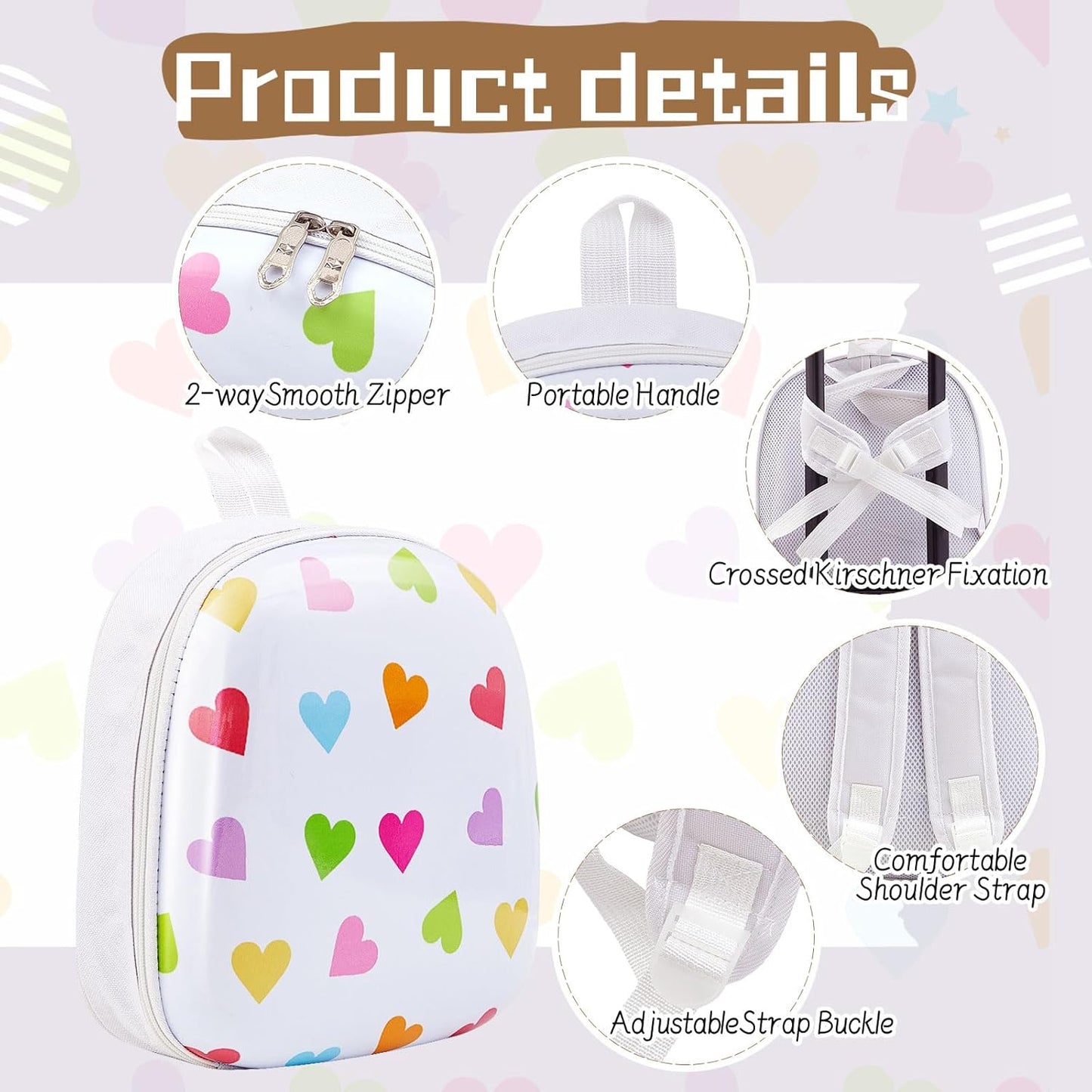 Sanwuta 4 Pcs Kids Luggage Set Kids Backpack Travel Rolling Suitcase with Wheels U-shape Pillow Childrens Gift for Girls Boys(17 Inch,Heart Style,White)