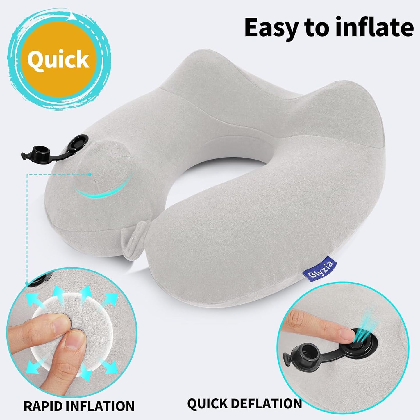 Inflatable Travel Neck Pillow for Airplane, Head Support Velvet Adult Neck Pillow for Long Flight, Kit with Eye Mask, Earplugs and Storage Bag,1, Light Gray