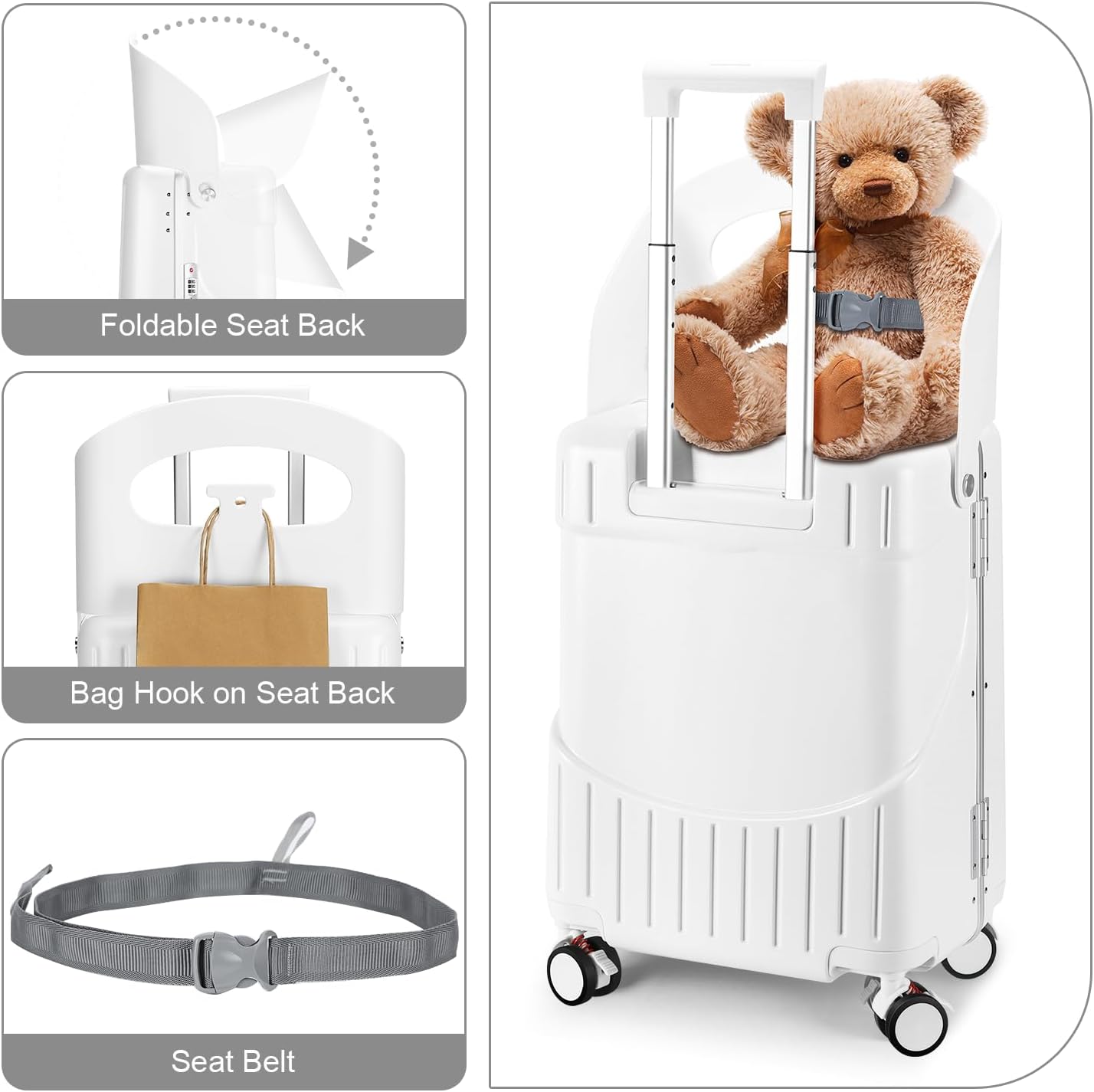 MRPLUM Ride On Luggage with Seat for Kids&Adults with Seat Belt,Hard Shell Lightweight Rolling Spinner Wheels Travel Luggage with TSA Lock,20 inch,White