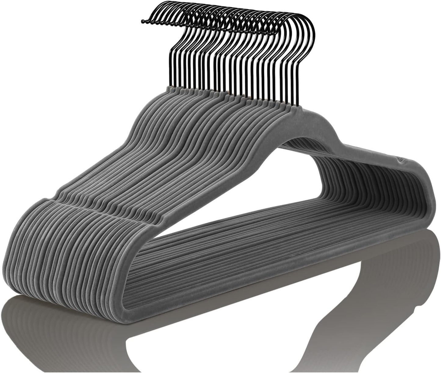 MIZGI Premium Velvet Hangers (50 Pack) Heavy Duty - Non Slip Felt Hangers - Velvet Suit Hanger Gray - Black Coated Hooks,Space Saving Clothes Hanger