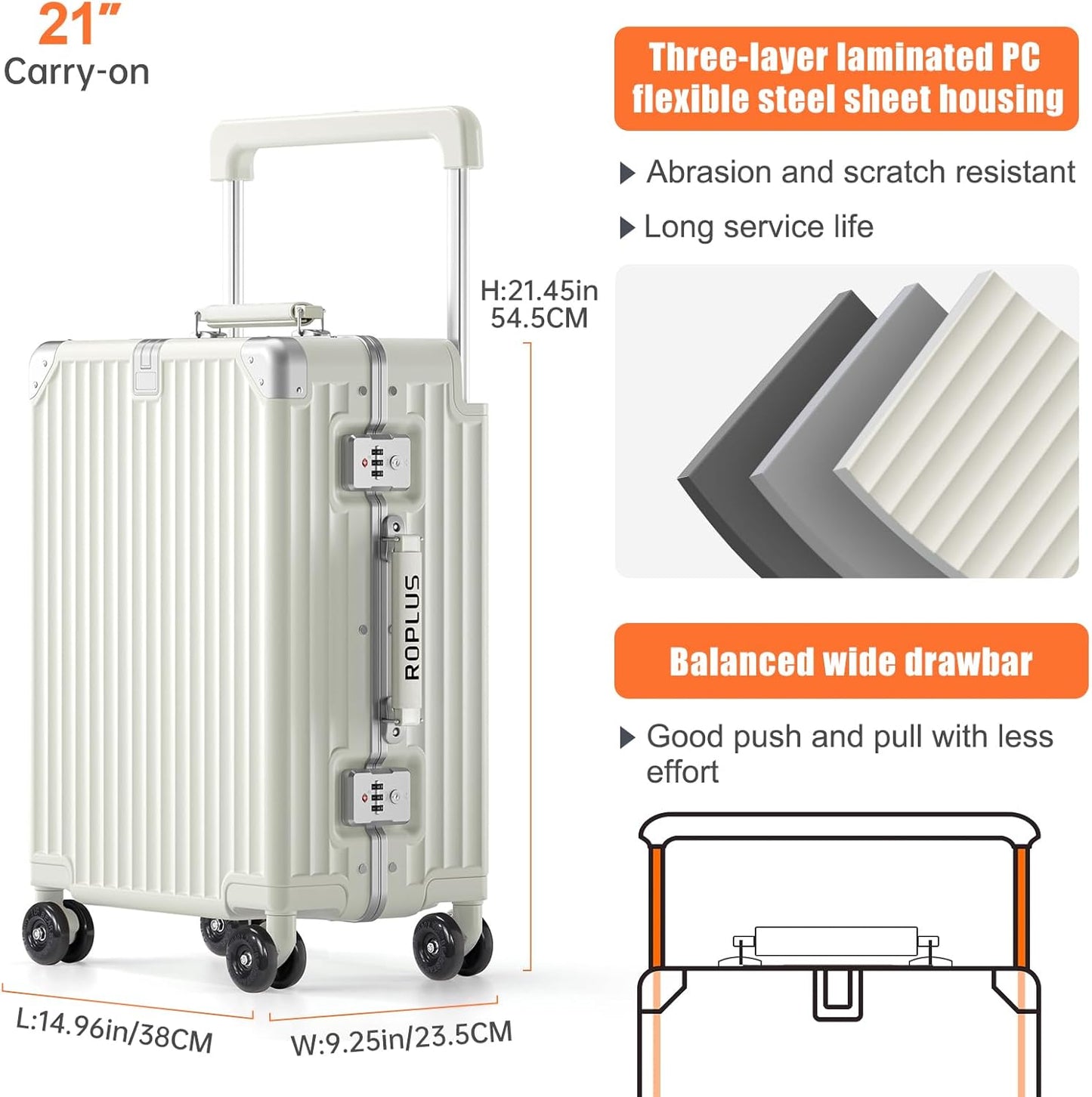 Aluminium Frame Carry on Luggage with Smooth Jelly Wheels, Hardside Zipperless Rolling Suitcase with TSA Lock (Pure White, 21-Inch)