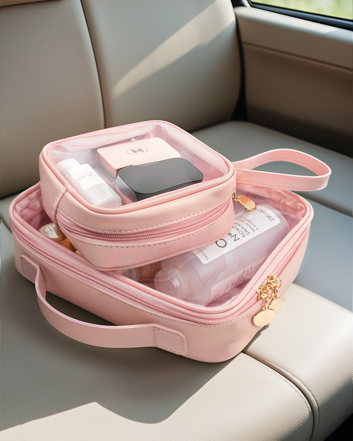 KOTORA TSA Approved Toiletry Bag with Mini Clear Makeup Bag PVC Cosmetic Bags for Women and Men, Carry on Airport Airline Compliant Bag Car Accessories for Women Men(A-Clear Pink)