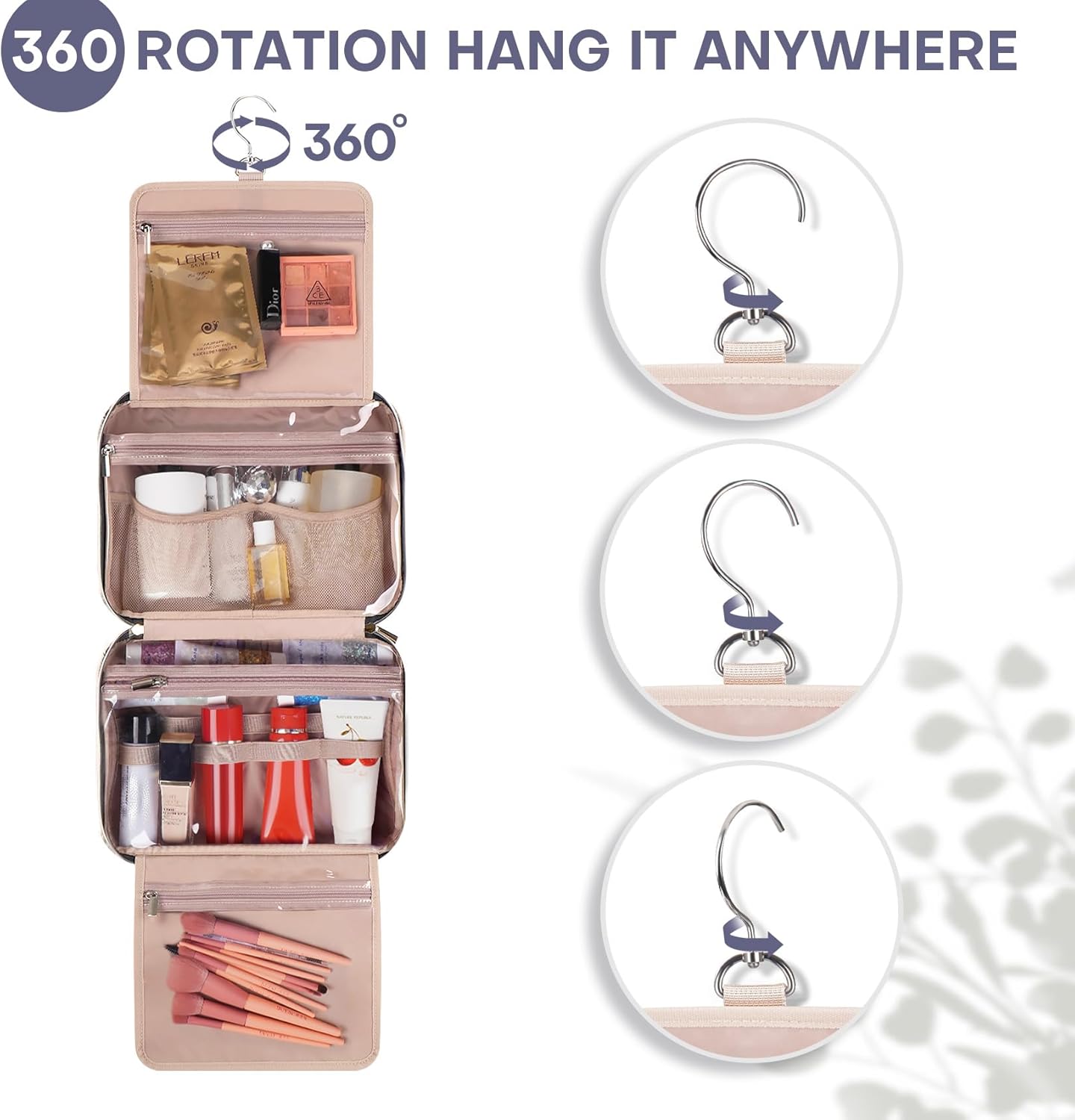 Hanging Toiletry Bag for Women Travel, 2 Sizes Large & Small Waterproof Cosmetic Organizer with 4 Compartments, Rotating Hook, Foldable Pink Travel Bag for Toiletries & Makeup - Large Grey