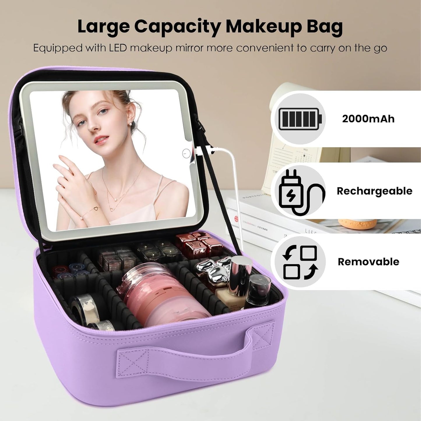 Travel Makeup Bag with LED Mirror and Light Travel Makeup Case Cosmetic Organizer Portable Cosmetic Brush Organizer Bag with Adjustable Dividers for Cosmetics Makeup Brushes Toiletry(Purple)