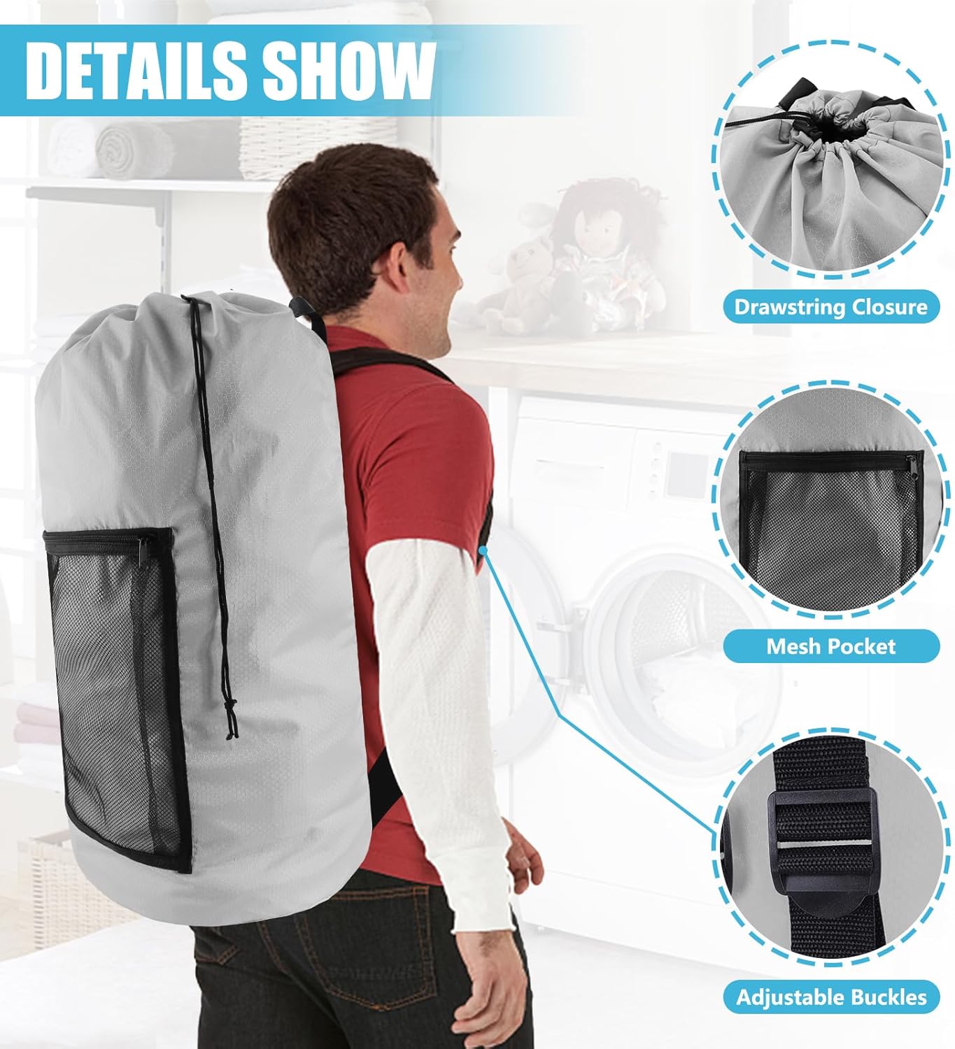 Laundry Bag Backpack, 2PCS Extra Large Travel Laundry Bag with Mesh Pocket & Adjustable Shoulder Straps,Dirty Clothes Travel Bag for College Students Dorm,Apartment(Light Gray)