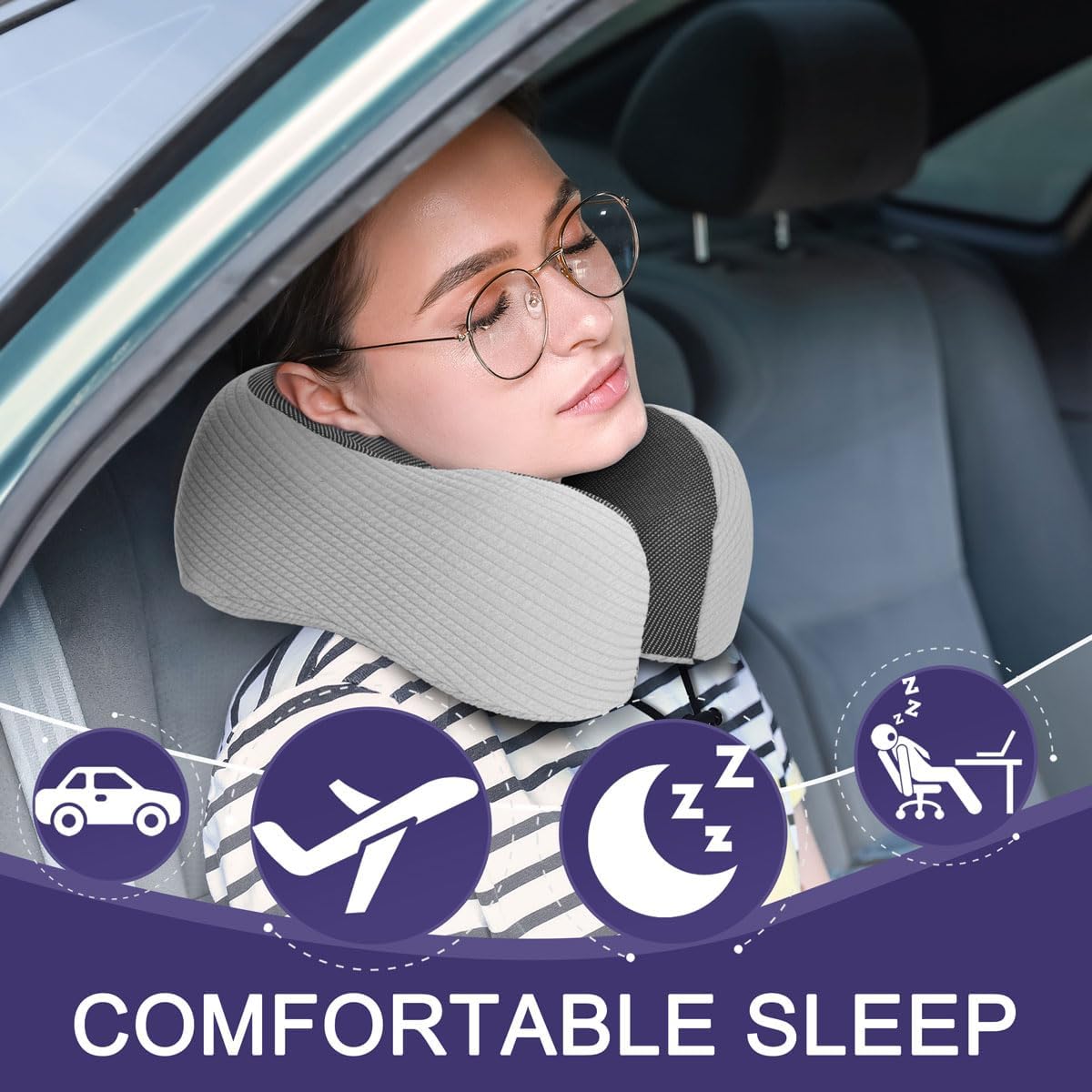 napfun Neck Pillow for Traveling, Upgraded Travel Neck Pillow for Airplane 100% Pure Memory Foam Travel Pillow for Flight Headrest Sleep, Portable Plane Accessories, Striped Light Grey Set