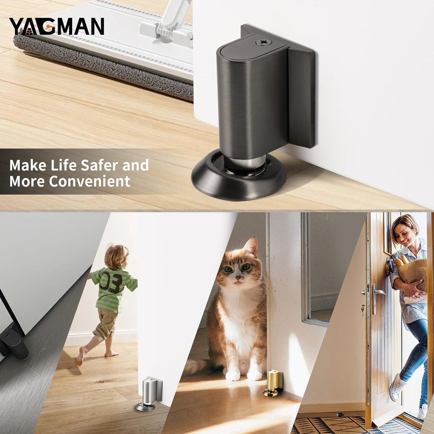 3 Pack Magnetic Door Stoppers Retractable Bottom of Door Holder No Drilling Mount Floor Door Stop with Screws and Adhesive Catch Door Keep Door Open Grey G-3