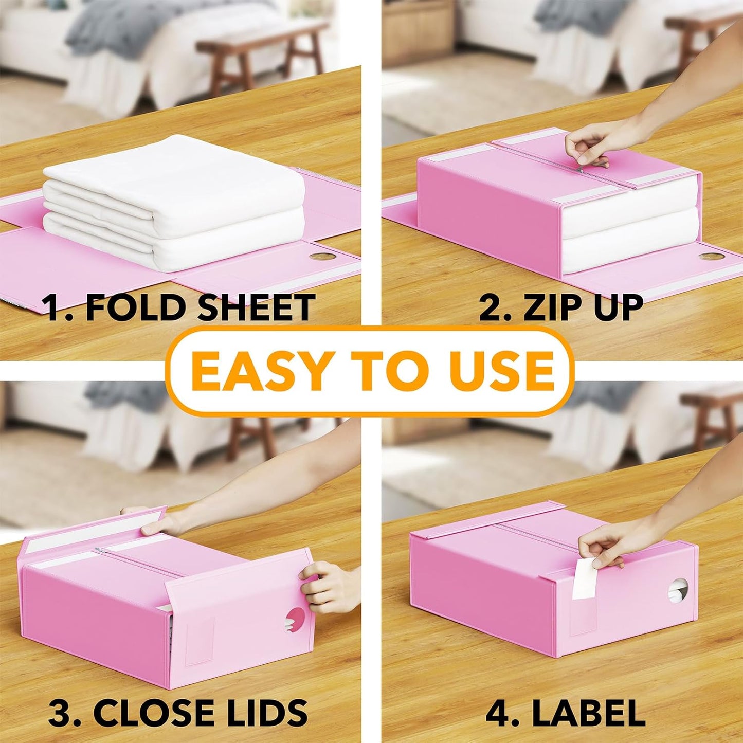 SpaceAid 12 Pack Bed Sheet Organizers and Storage, Foldable Sheet Organizer for Linen Closet, Sheets Set Folder Keeper with Window XL (Queen & King Size) Bedding Container (Pink, 12 Pack)