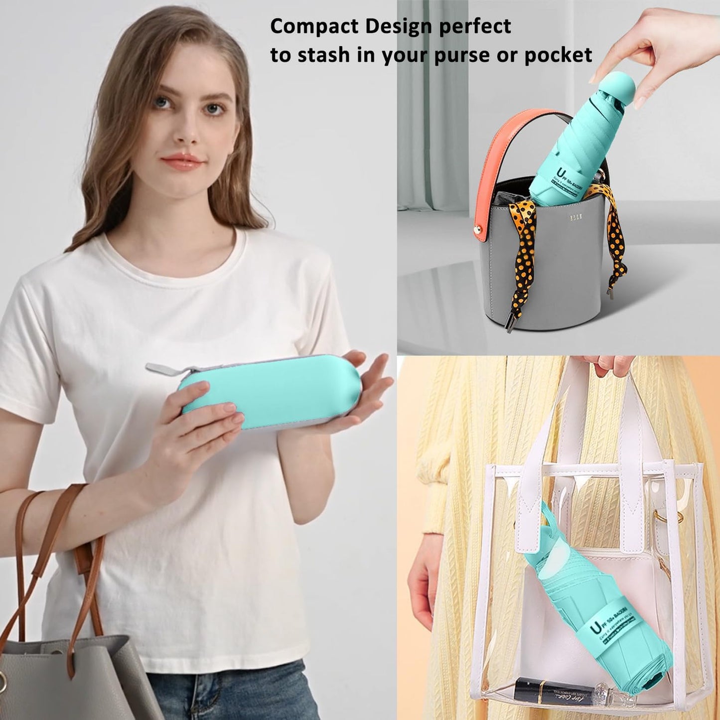 BAODINI Travel Mini Umbrella for Purse With Case Small Compact UV Sun Protection Sun Lightweight Tiny Pocket Umbrella for Women Kids and Men