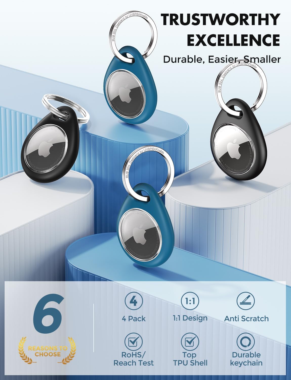 UNBREAKcable Holder for Apple AirTag - 4 Pack [Fit Tightly Design] [Easy to Install] [Hold Air Tag Securely] Waterproof TPU Protective Case with 304 Stainless Steel Keychain Key Ring, Black+Blue