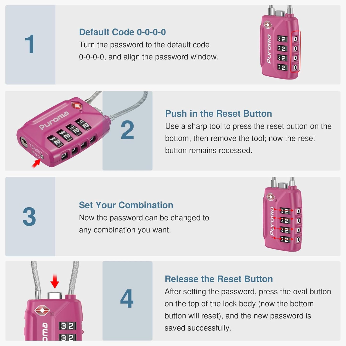 Puroma 2 Pack TSA Approved Luggage Locks, 4 Digit Combination Travel Locks Resettable Code Lock with Zinc Alloy Body for Suitcase, Toolbox, Backpack, Bag, Gym Locker (Red-Violet)