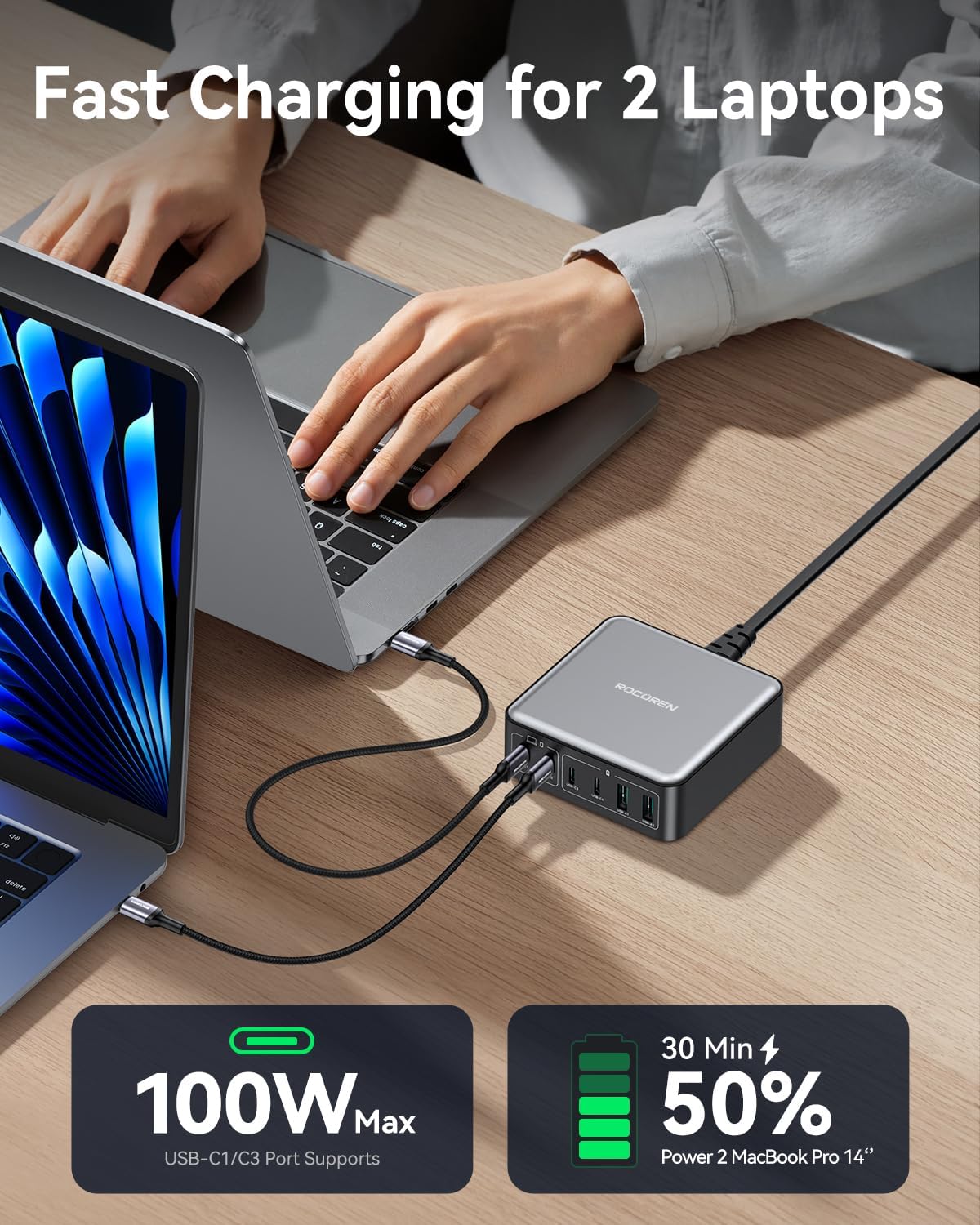 270W USB C Charger Block, Rocoren 6 Port Multi USB-C Charging Station,100W PD Fast USBC Gan Charger Station Hub Dock for Multiple Devices, Laptop Type C for MacBook/iPhone 17/iPad/Galaxy S25