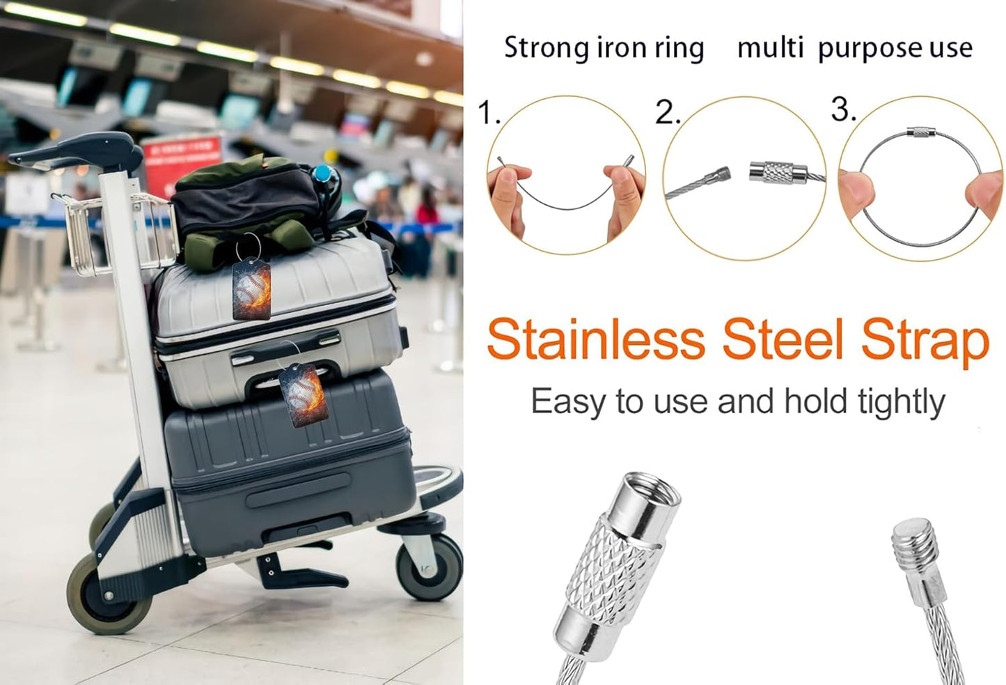 2 Pack Luggage Tags for suitcases Cute Baseball Luggage Tag, Leather Stainless Steel Loop Label Tag for Men Women Travel Bag Suitcase(Baseball)