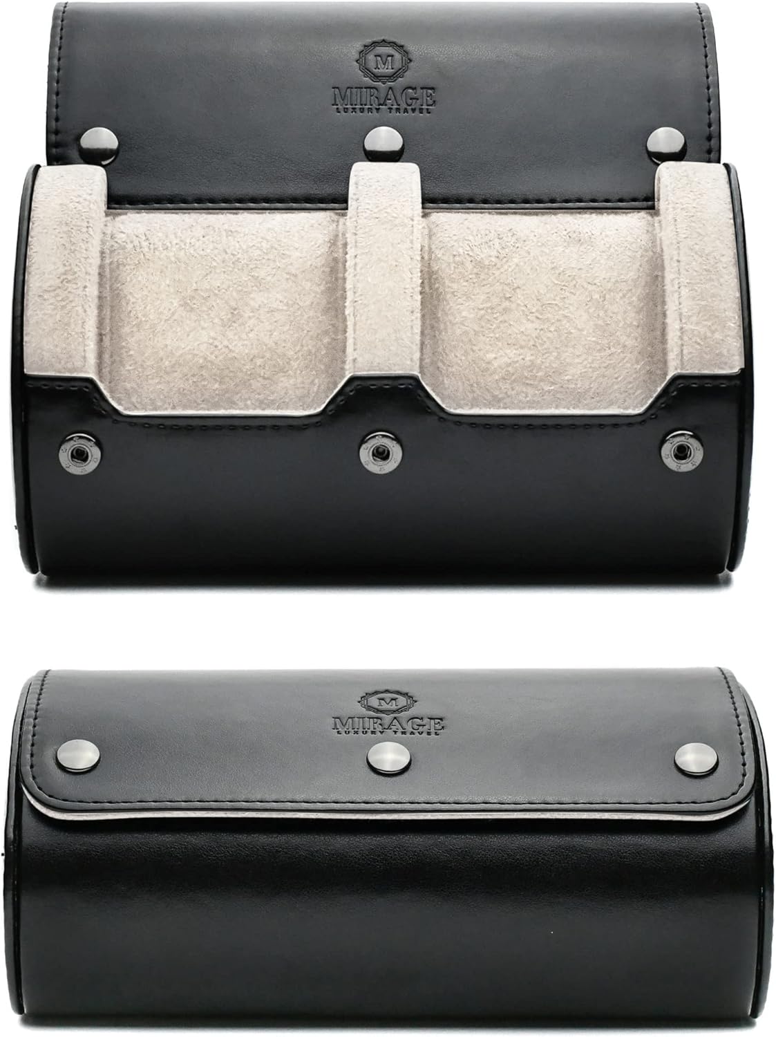 2 Watches Travel Case for Men - Mirage Watch Roll - Jade Black/Ivory White Vegan Leather