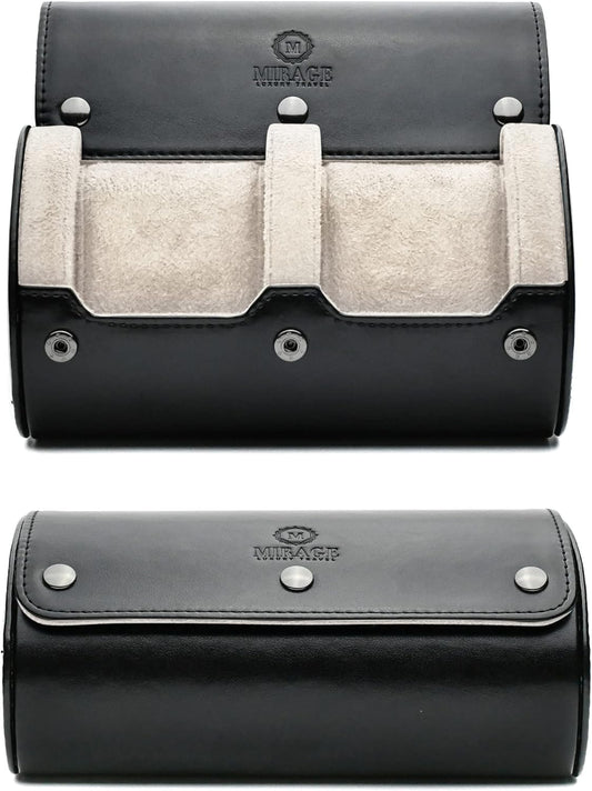 2 Watches Travel Case for Men - Mirage Watch Roll - Jade Black/Ivory White Vegan Leather