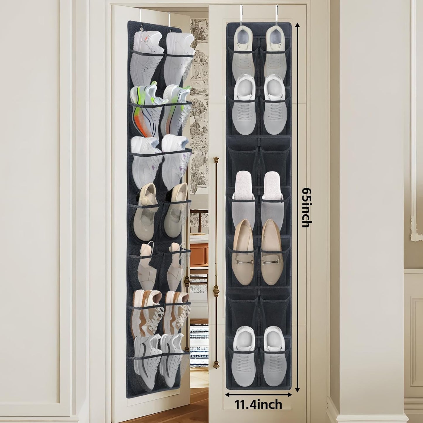 Over The Door Shoe Organizer, 14 Large Mesh Pockets Hanging Shoe Rack for Closet Organizers and Storage, 2-pack (black)