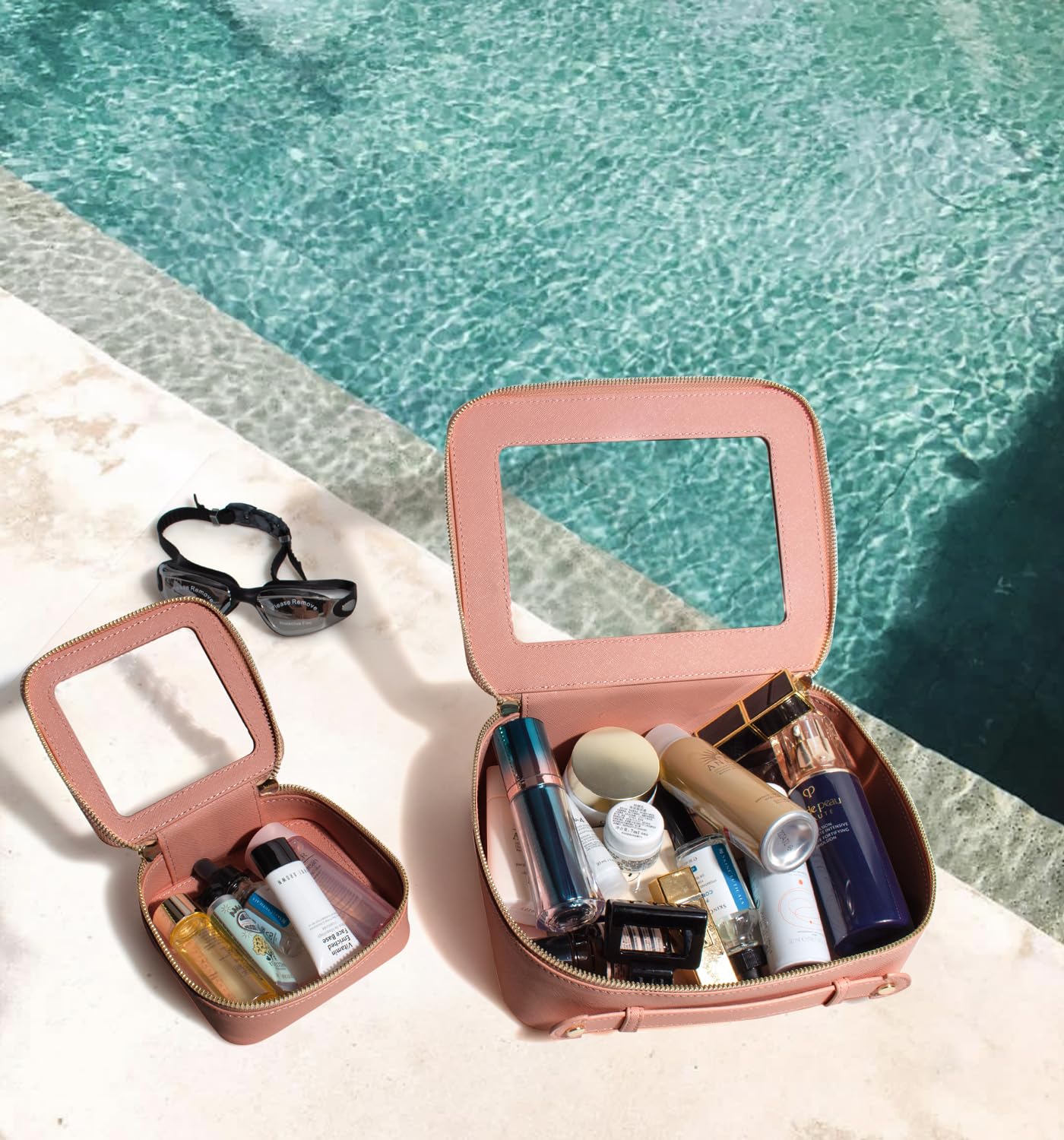 LETGO Clear Makeup Bags Set - TSA Approved Toiletry Bag with Handle Large Opening, Clear Toiletry Bag Pouch for Traveling Travel Car Orangizer Storage Accessories Essentials (Mini+Large Dark Skin)