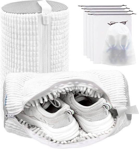 Shoe Washing Machine Bag,Laundry Shoe Bag for Washer and Dryer,Reusable Shoe Cleaning Bag for Sneakers,Tennis Shoes,With Self-locking Zipper, Microfiber Inside,Include Shoes Storage Bag (White(2PC))