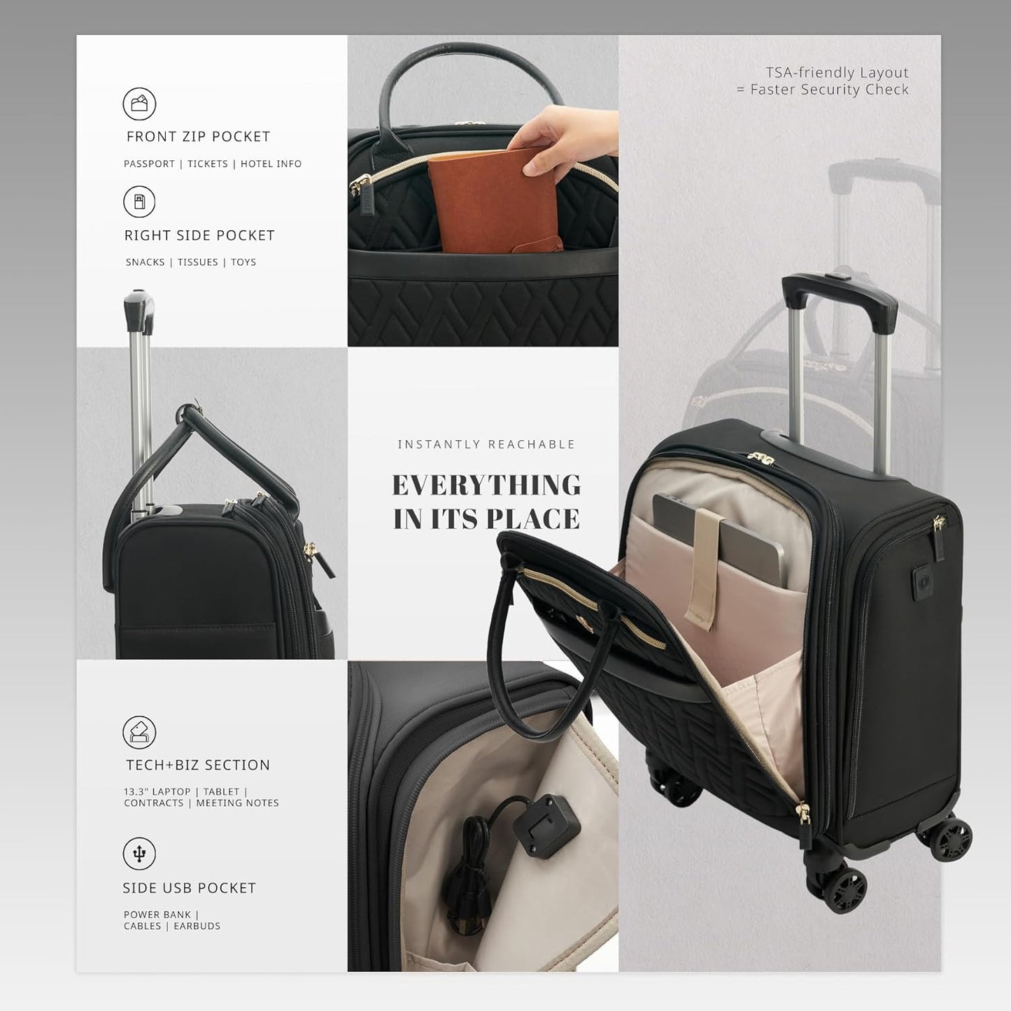 Verage 18x14x8in Spinner Underseat Carry-On Luggage -Airplane Personal Item Bag, USB A&C Charging Port, Padded Laptop Pocket & Wet/Dry Compartments for Women, Classic Black