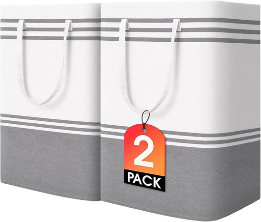 2 Pack Large Home Laundry Basket, Laundry Hamper, Freestanding Waterproof Dirty Clothes Bag, Tall Clothes Hamper - Extended & Reinforced Handles for College Dorm, Family (Light Grey/125L)