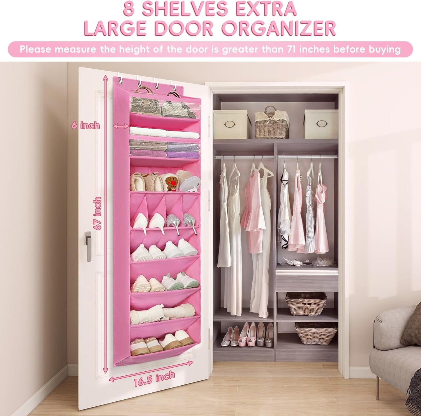FENTEC 1 Pack 8 Shelves Over The Door Shoe Organizer,68" Exlarge Deep Pockets Hanging Shoe Organizers, Shoe Rack for Closet, Shoe Holder for Boots,Over Door Organizer in Home, RV, Dorm, Pink