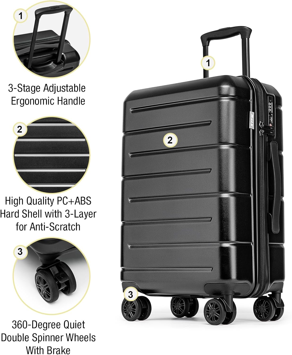 KYME Luggage Sets 3 Piece Hardshell 22in/26in/30in Suitcases with Spinner Wheels Hardside Suitcase Sets with TSA Lock Travel Rolling Luggage Set for Women Men Black