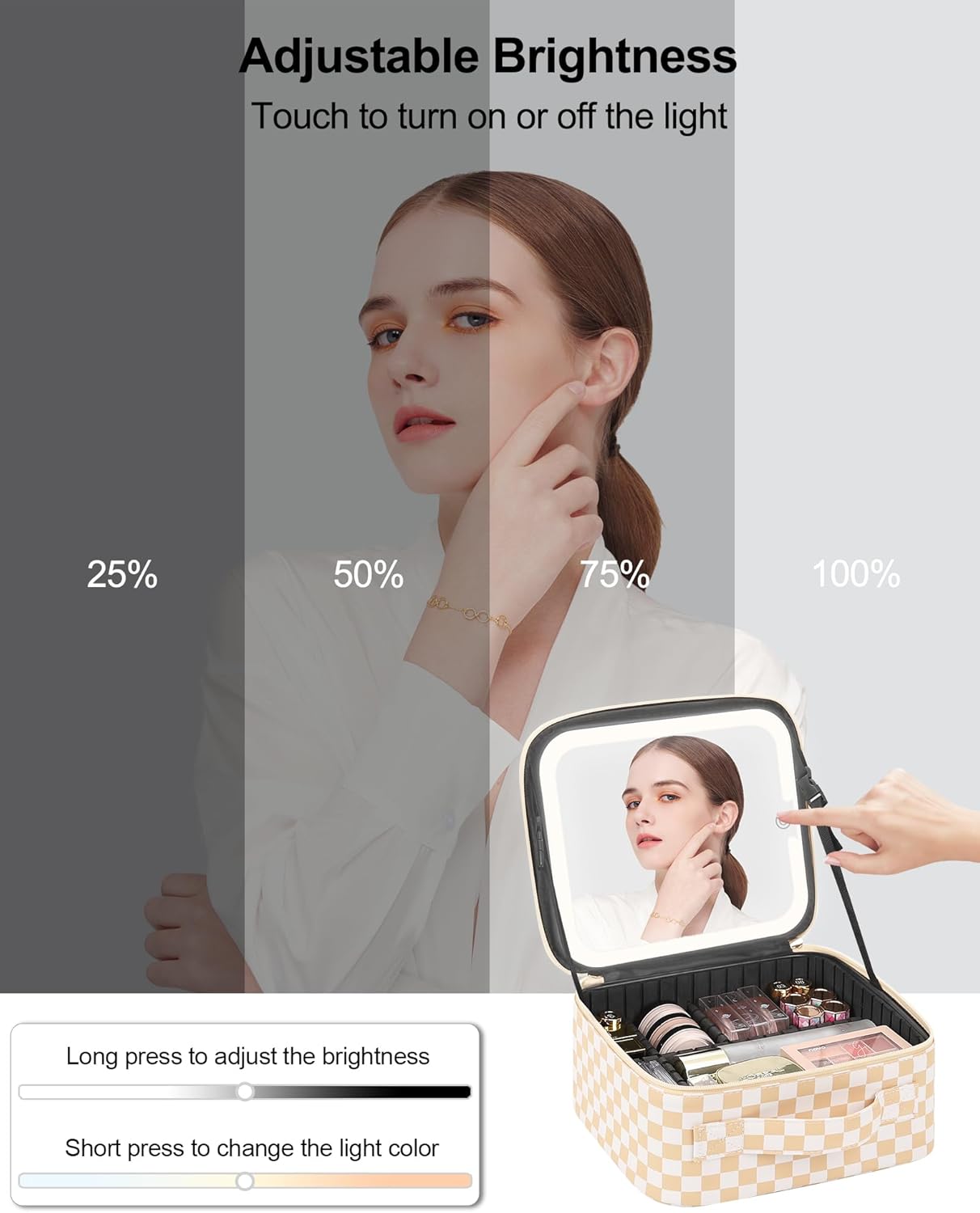 Chomeiu Makeup Bag with LED Mirror, Travel Makeup Case for Women and Makeup Artists Cosmetic Organizer Large Make Up Bags with Light Up Mirror, 3 Color Lights, Adjustable Dividers, Light Checkerboard