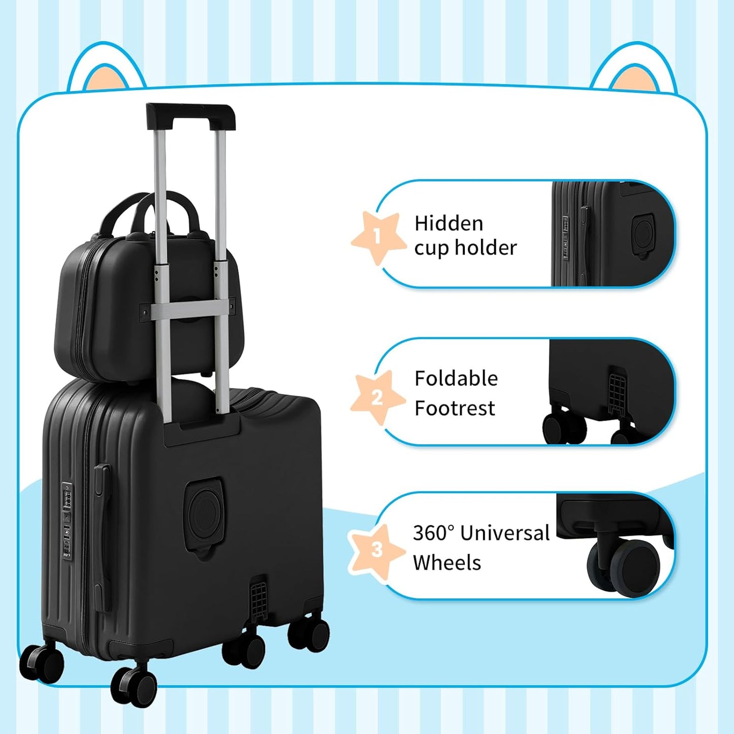 TABU Ride-on Luggage with Handbag for Kids，Hardshell Carry On Suitcase with Hidden Cup Holder, Foldable Pedal,Type-C & USB Interface, TSA Lock, 6-Spinner Wheels, Black